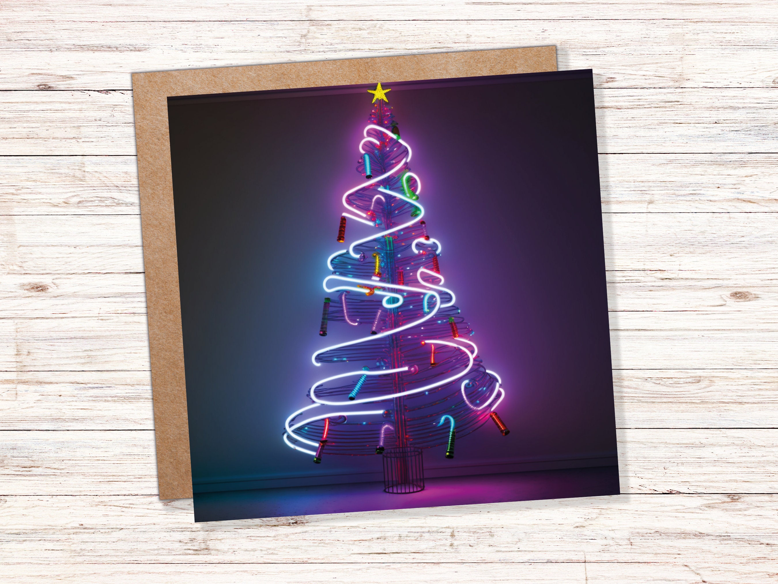 Neon Christmas Card Tree 80s Glowing Lights Tube Lighting Y2K Bright Colours Colourful Pink Purple Modern Cards For Family Friends Xmas 2024 - View 2