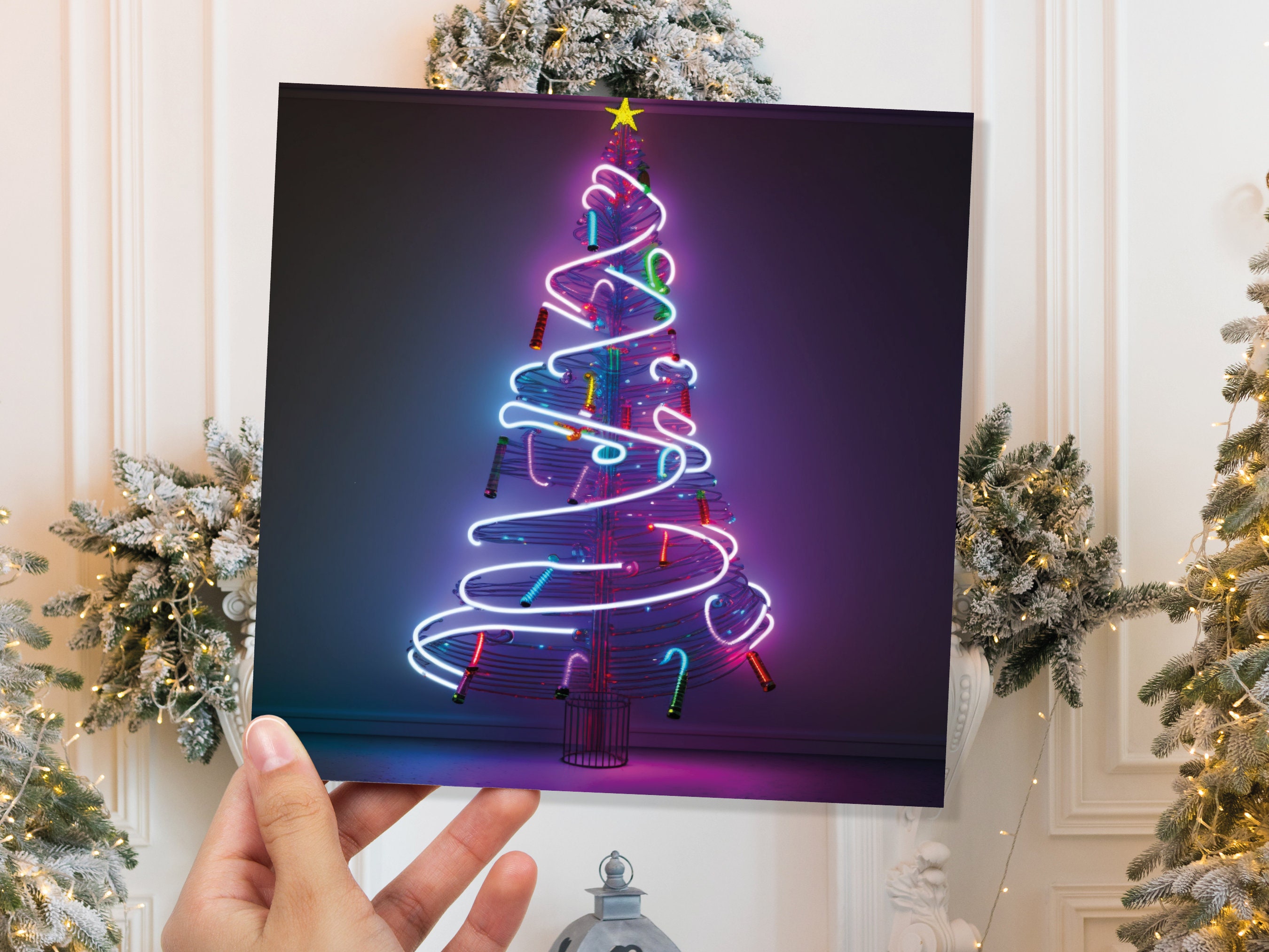 Neon Christmas Card Tree 80s Glowing Lights Tube Lighting Y2K Bright Colours Colourful Pink Purple Modern Cards For Family Friends Xmas 2024 - View 3