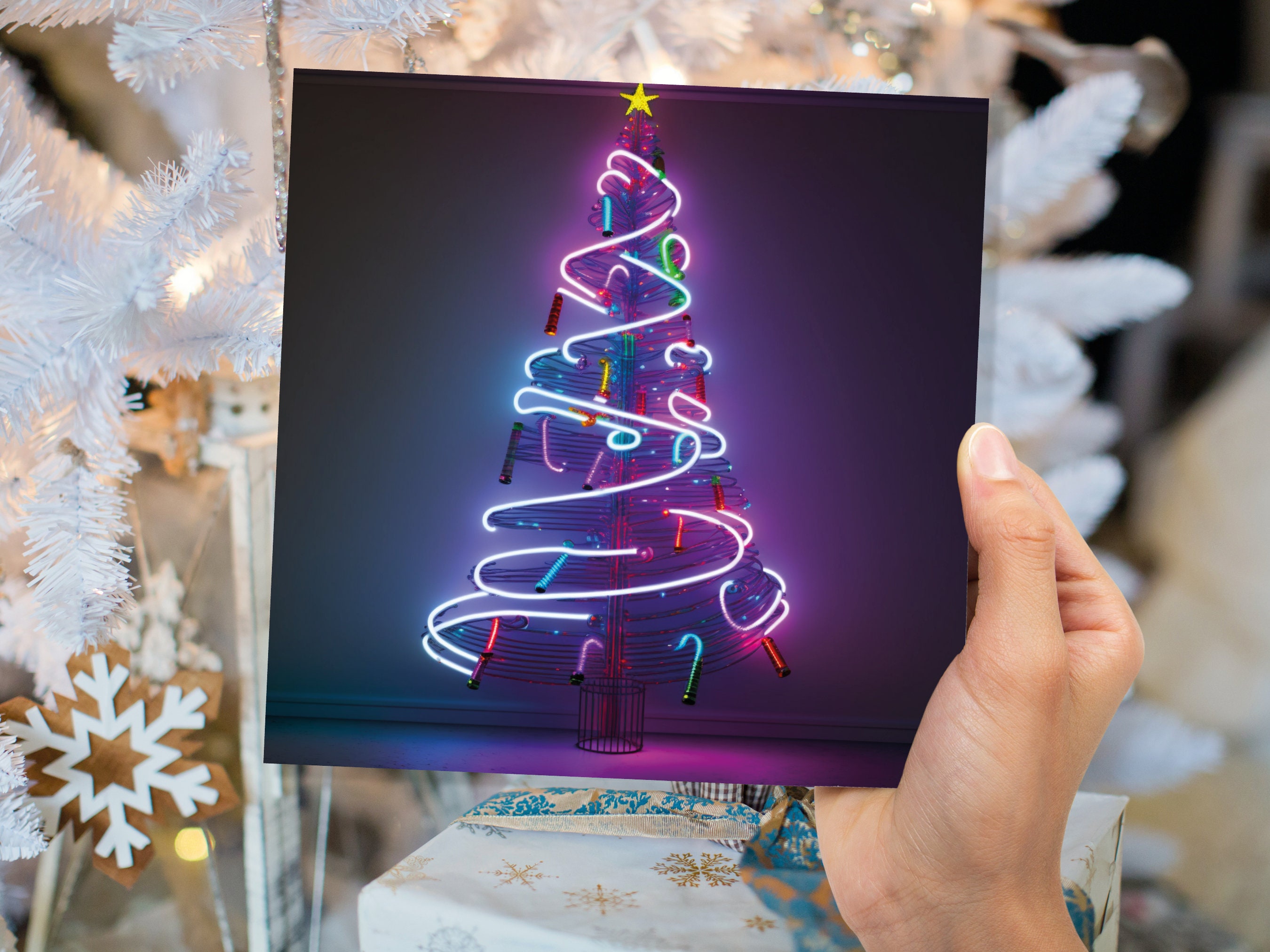 Neon Christmas Card Tree 80s Glowing Lights Tube Lighting Y2K Bright Colours Colourful Pink Purple Modern Cards For Family Friends Xmas 2024 - View 4