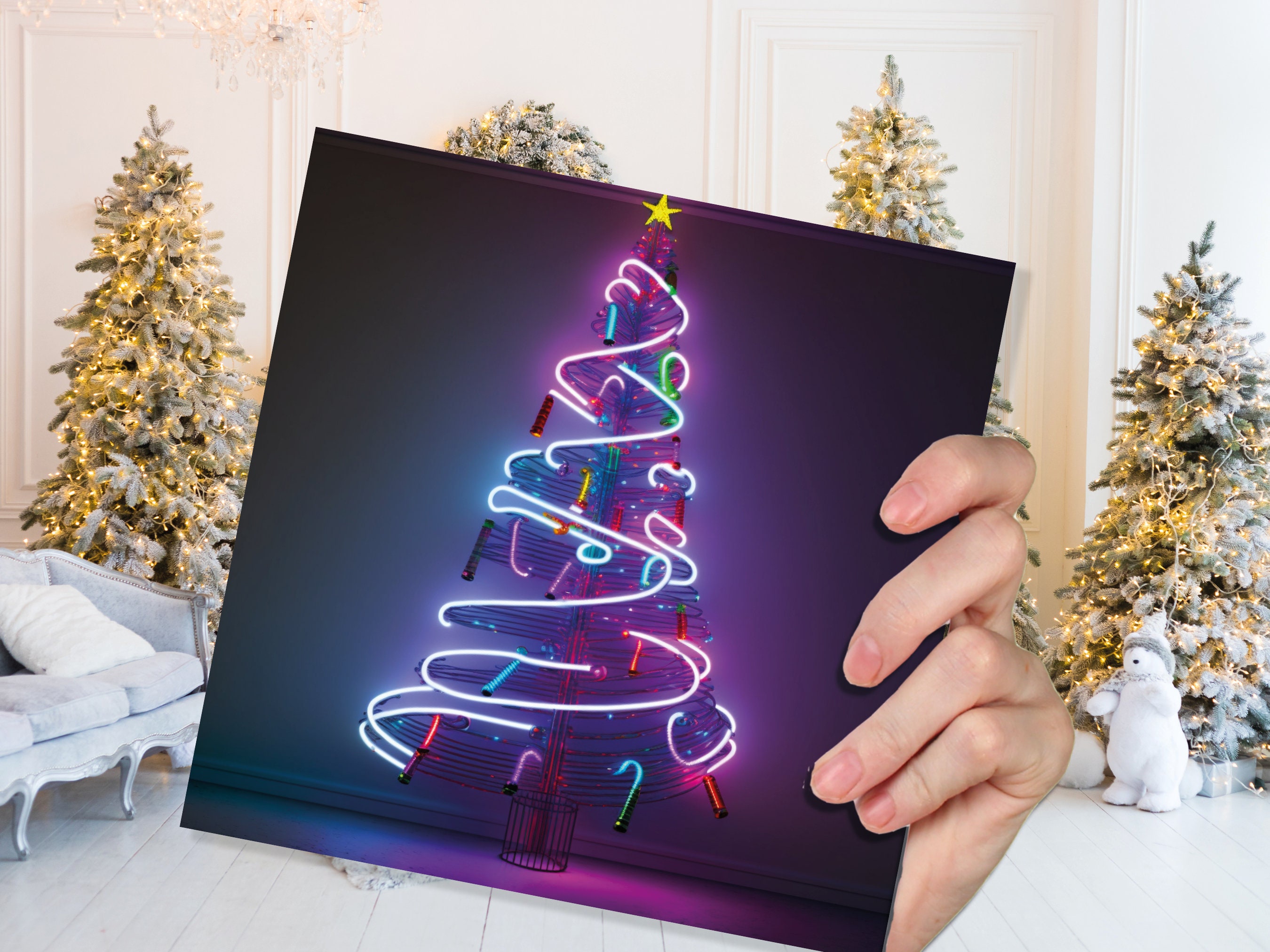 Neon Christmas Card Tree 80s Glowing Lights Tube Lighting Y2K Bright Colours Colourful Pink Purple Modern Cards For Family Friends Xmas 2024 - View 5