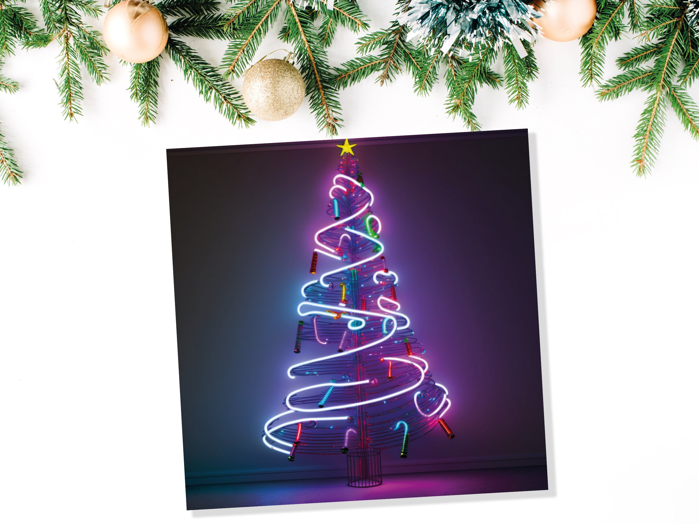 Neon Christmas Card Tree 80s Glowing Lights Tube Lighting Y2K Bright Colours Colourful Pink Purple Modern Cards For Family Friends Xmas 2024 - View 6