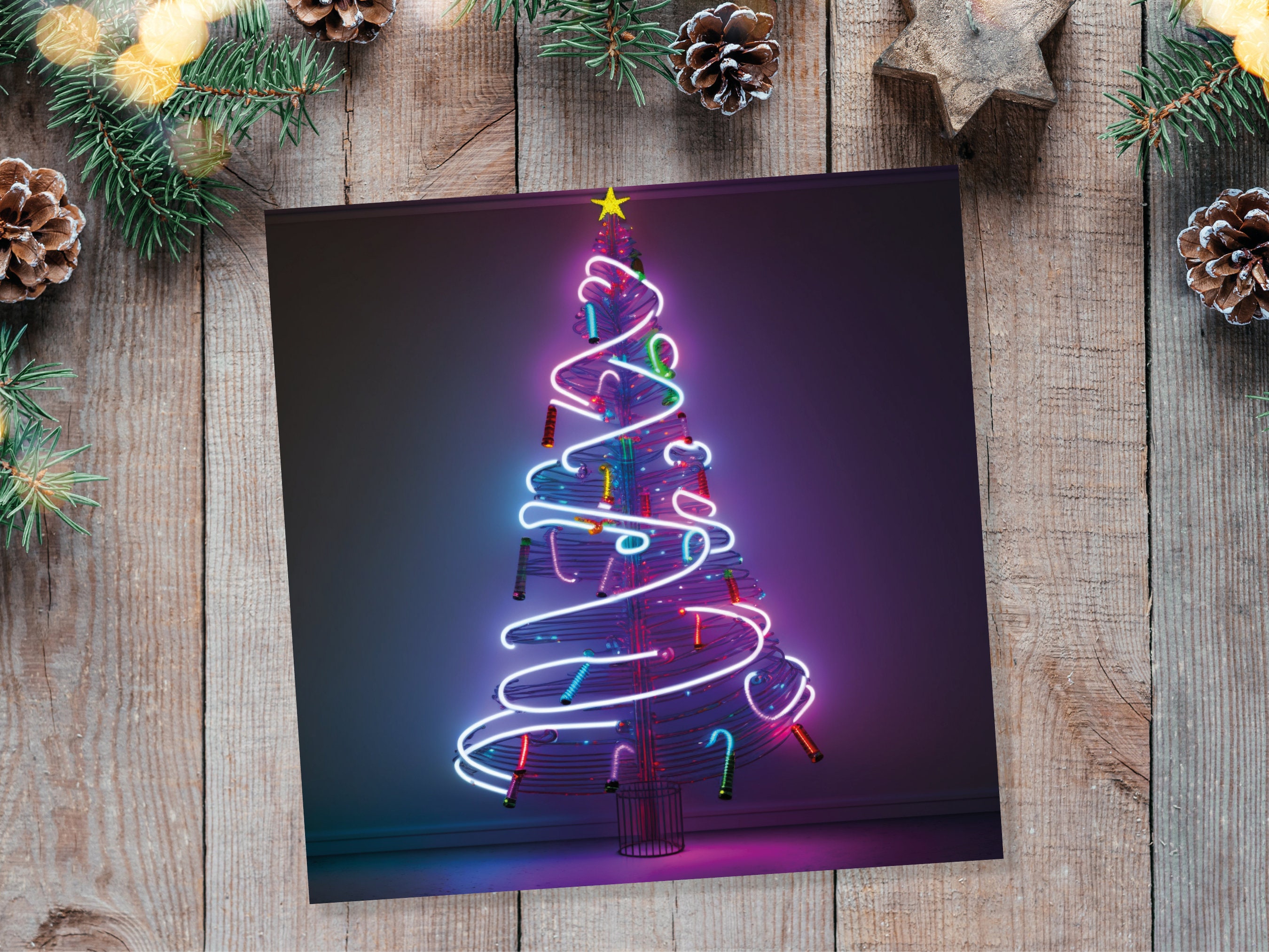 Neon Christmas Card Tree 80s Glowing Lights Tube Lighting Y2K Bright Colours Colourful Pink Purple Modern Cards For Family Friends Xmas 2024 - View 7