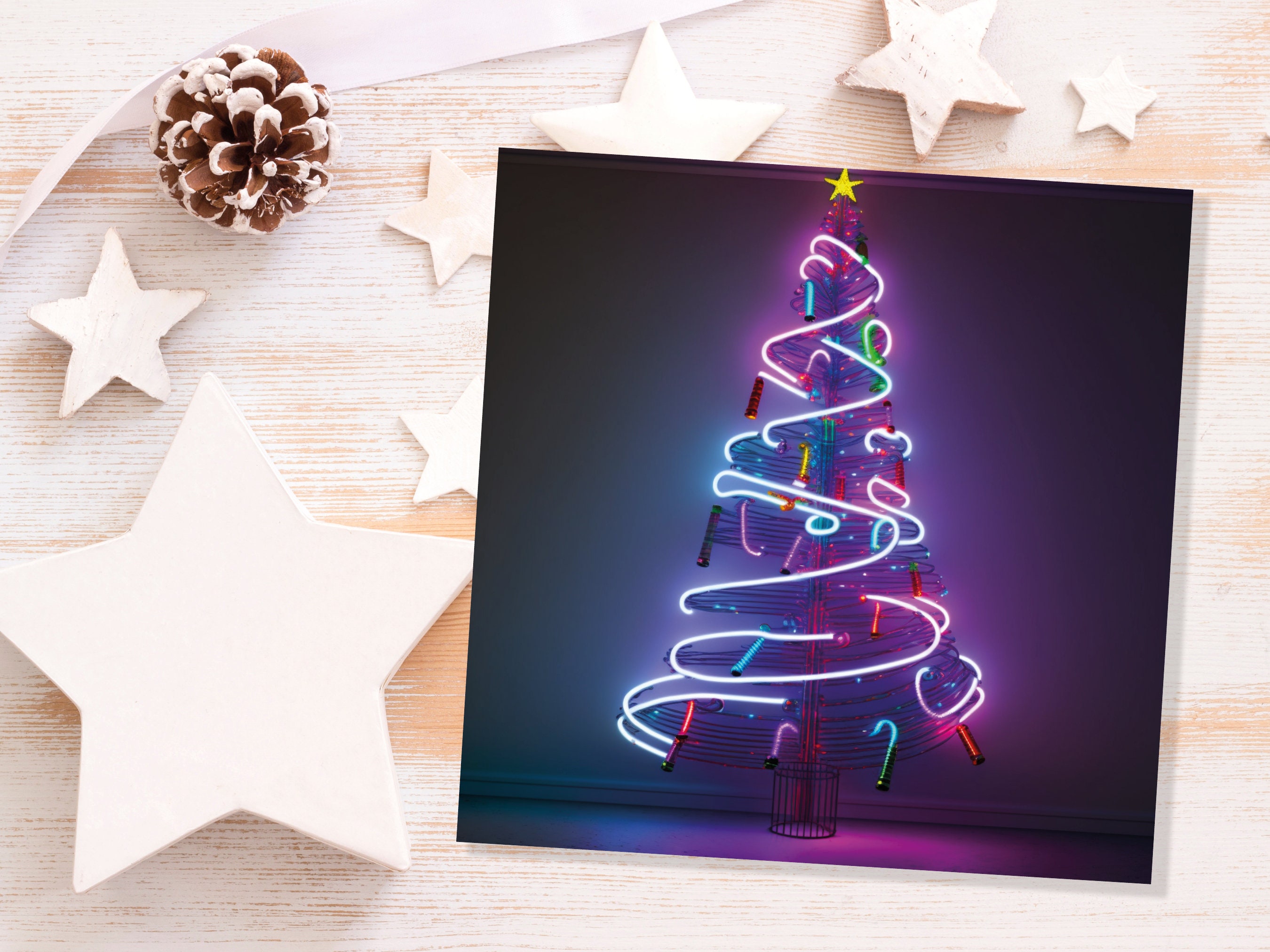 Neon Christmas Card Tree 80s Glowing Lights Tube Lighting Y2K Bright Colours Colourful Pink Purple Modern Cards For Family Friends Xmas 2024 - View 8