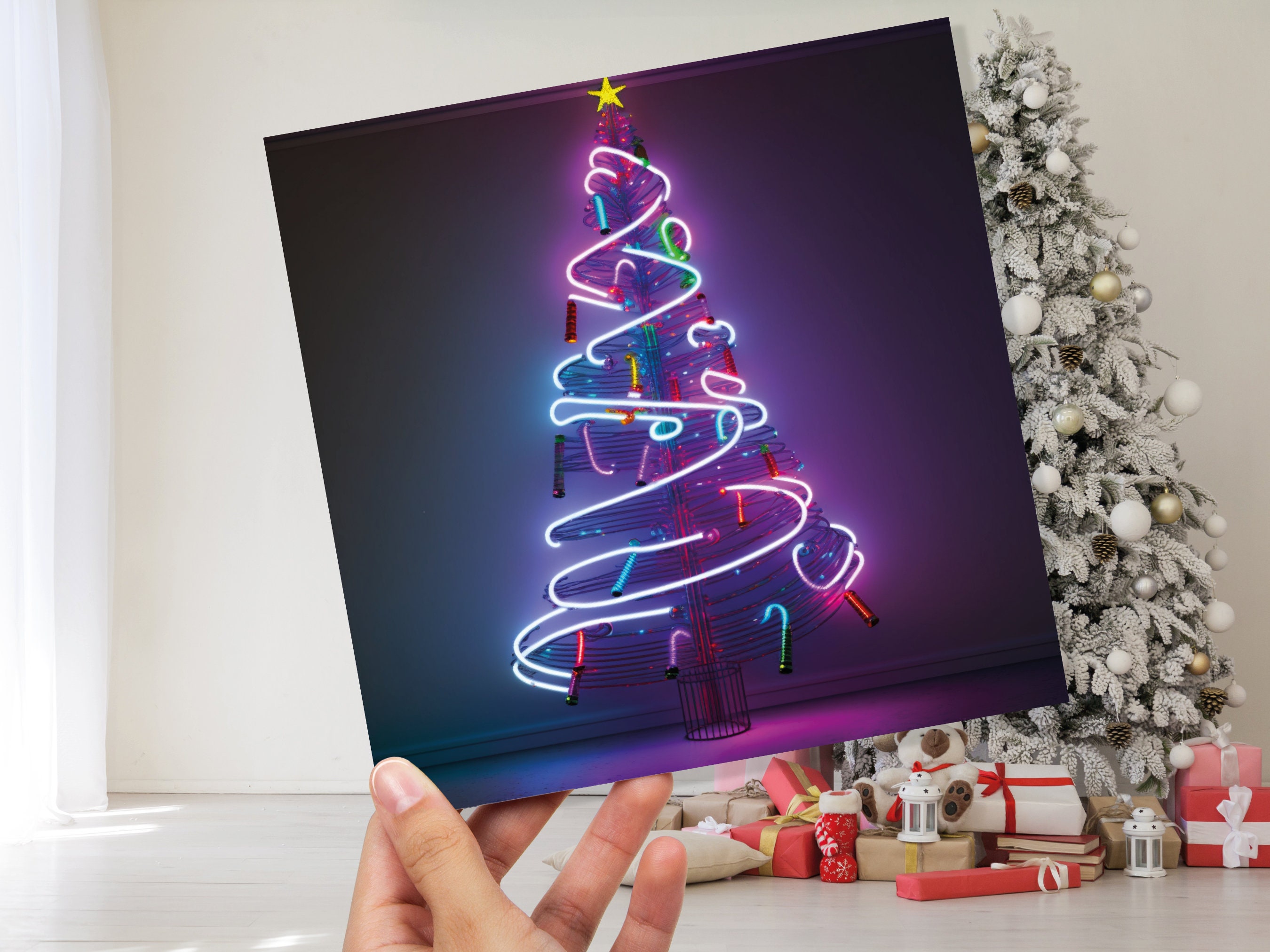 Neon Christmas Card Tree 80s Glowing Lights Tube Lighting Y2K Bright Colours Colourful Pink Purple Modern Cards For Family Friends Xmas 2024 - View 9