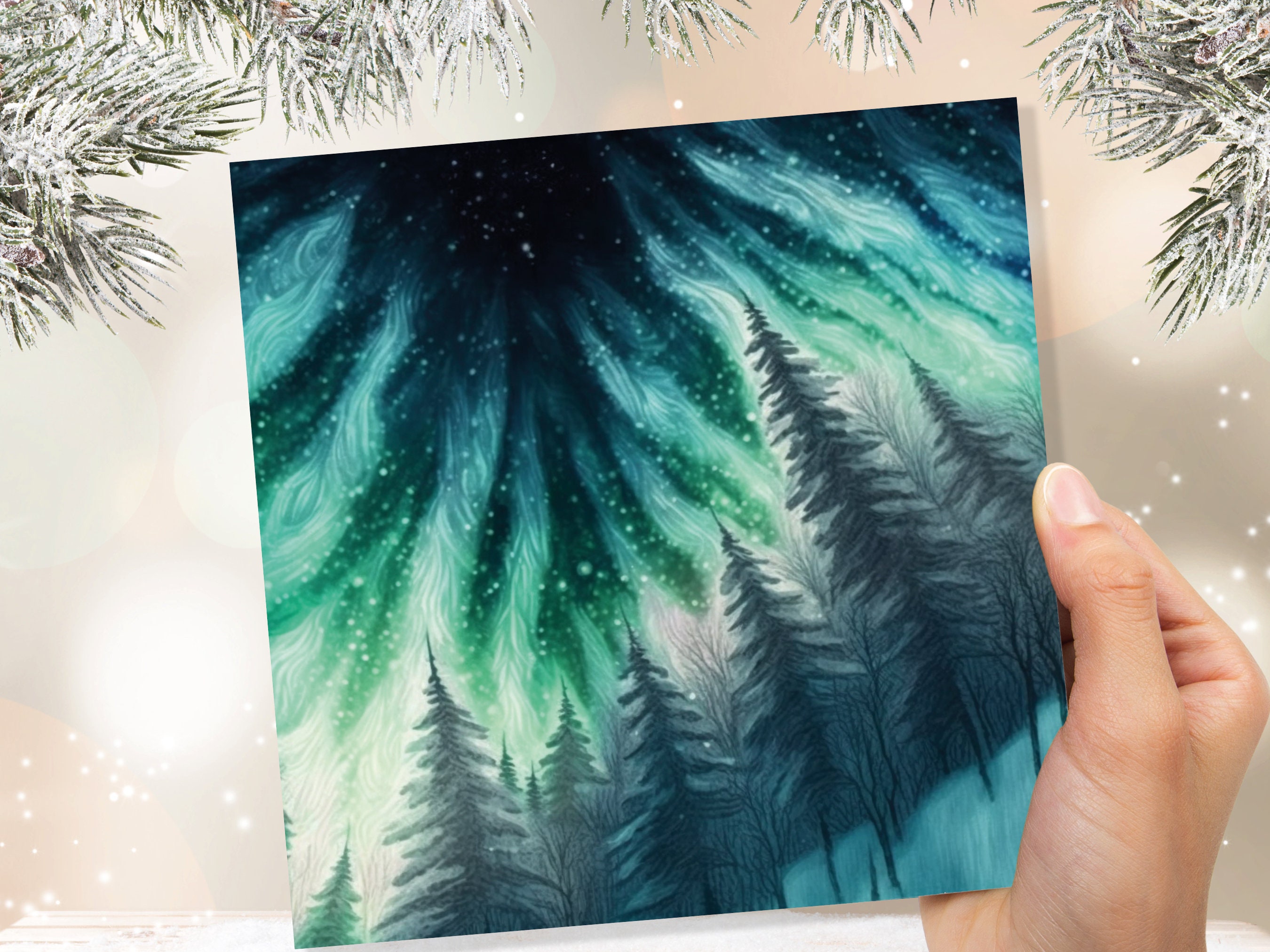 Northern Lights Card Winter Woods Snow Scene Snowy Scenery Green Blue Aurora Borealis Flames Cards For Family Friends Christmas Thank you 23