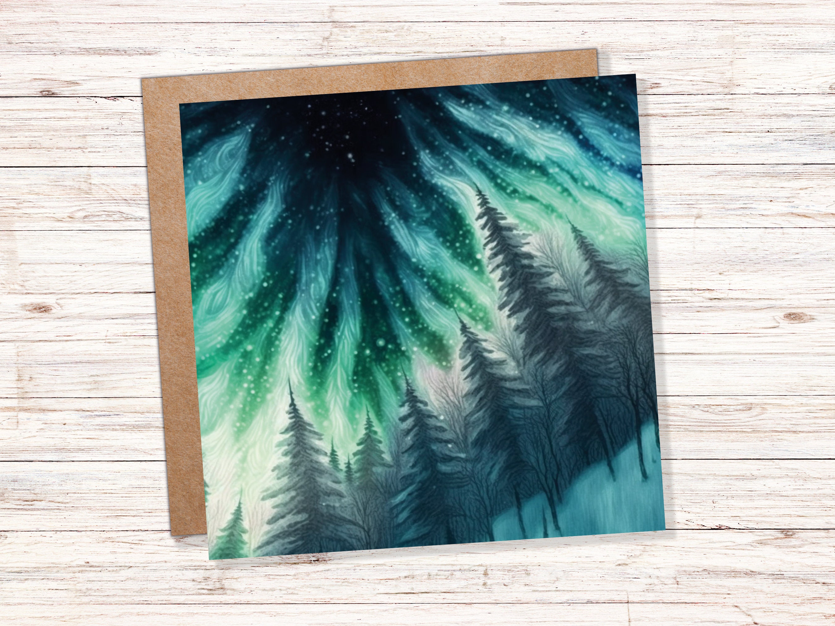 Northern Lights Card Winter Woods Snow Scene Snowy Scenery Green Blue Aurora Borealis Flames Cards For Family Friends Christmas Thank you 23 - View 2