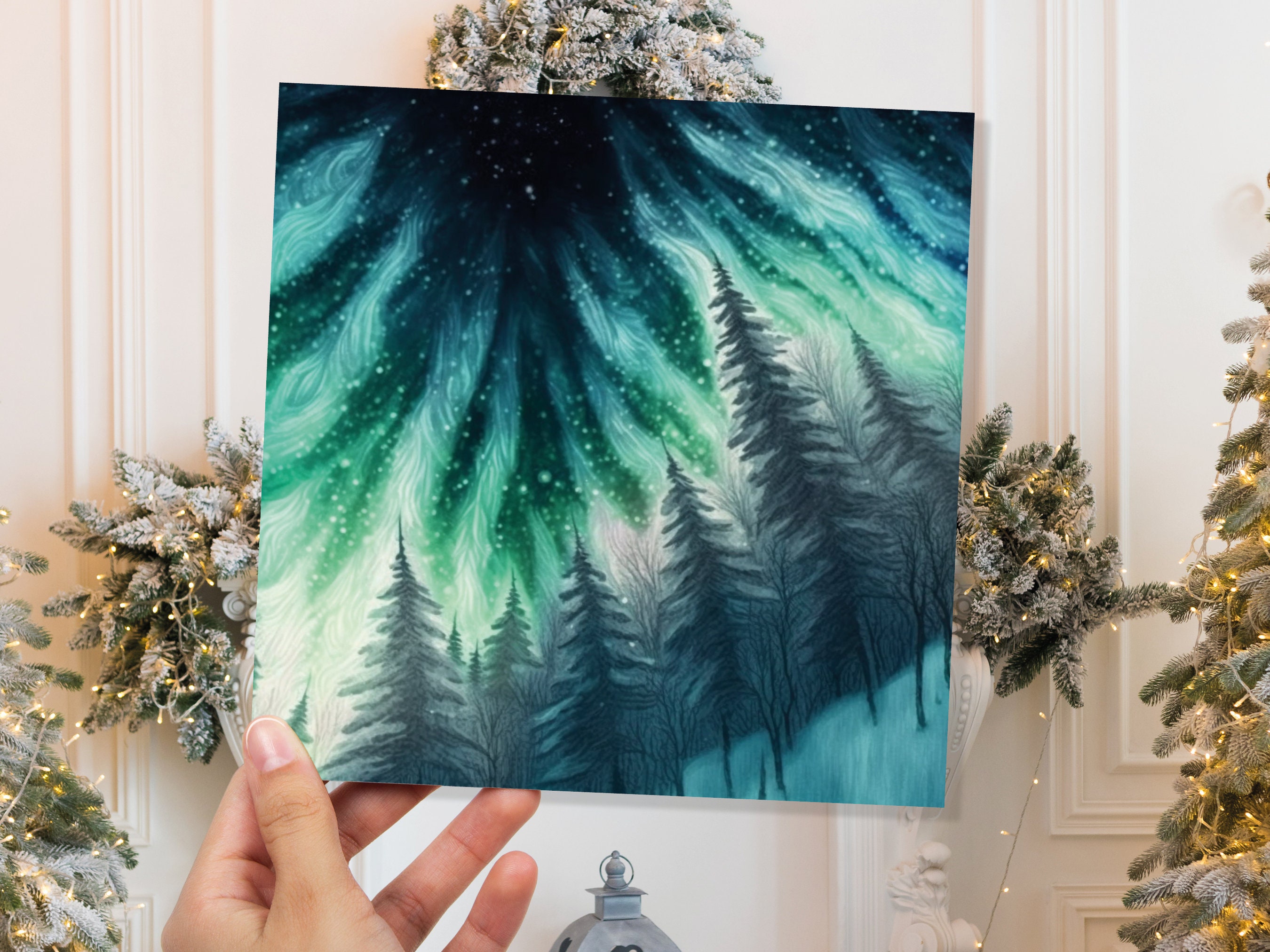 Northern Lights Card Winter Woods Snow Scene Snowy Scenery Green Blue Aurora Borealis Flames Cards For Family Friends Christmas Thank you 23 - View 3