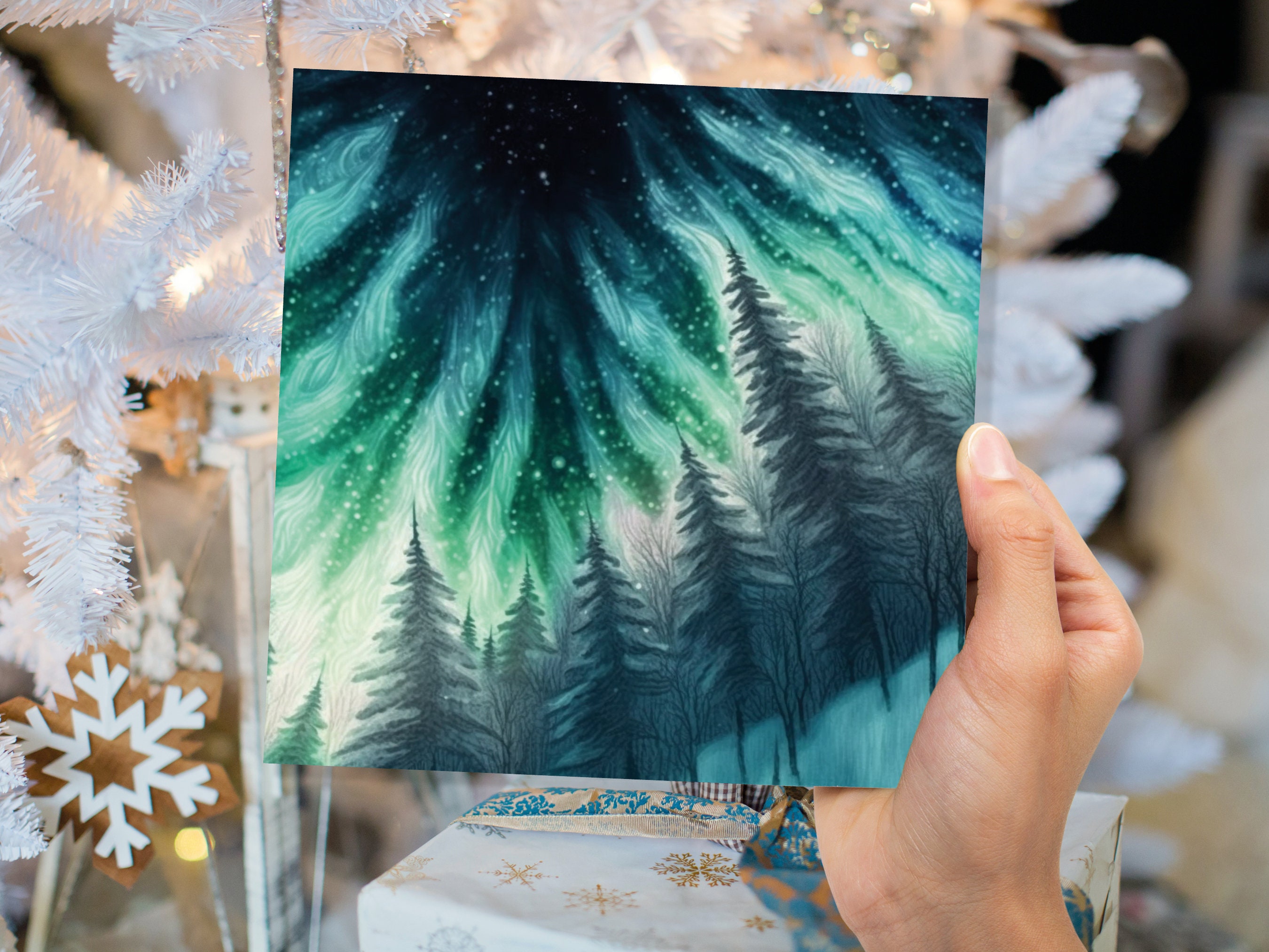 Northern Lights Card Winter Woods Snow Scene Snowy Scenery Green Blue Aurora Borealis Flames Cards For Family Friends Christmas Thank you 23 - View 4