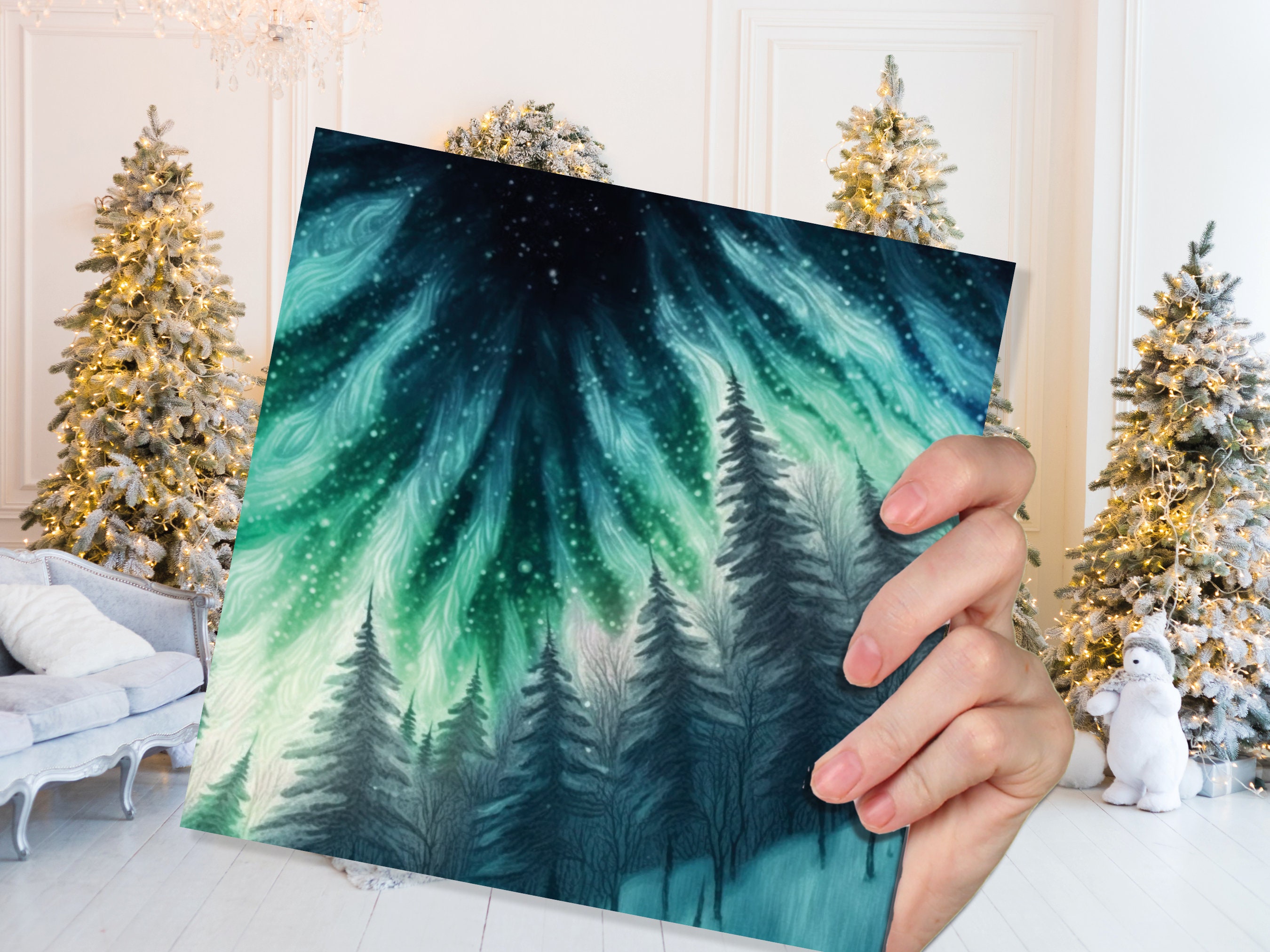 Northern Lights Card Winter Woods Snow Scene Snowy Scenery Green Blue Aurora Borealis Flames Cards For Family Friends Christmas Thank you 23 - View 5