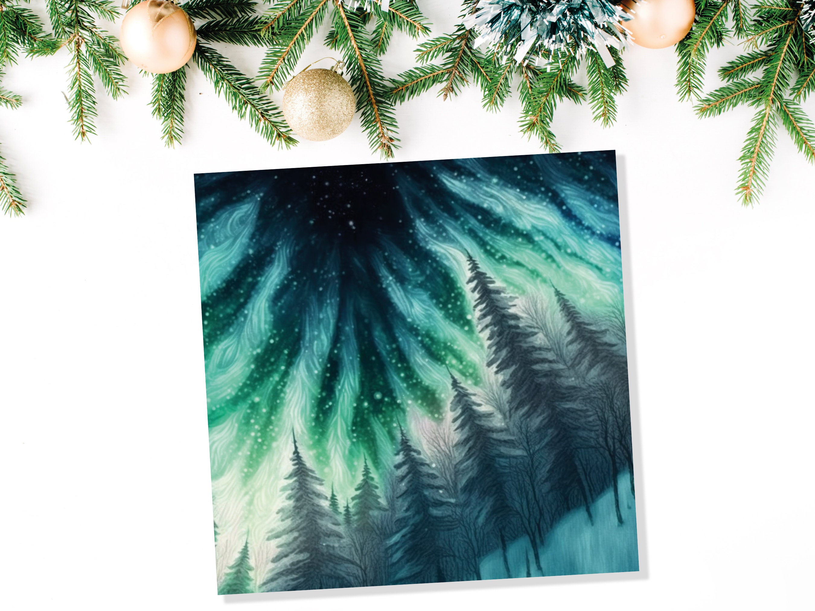 Northern Lights Card Winter Woods Snow Scene Snowy Scenery Green Blue Aurora Borealis Flames Cards For Family Friends Christmas Thank you 23 - View 6