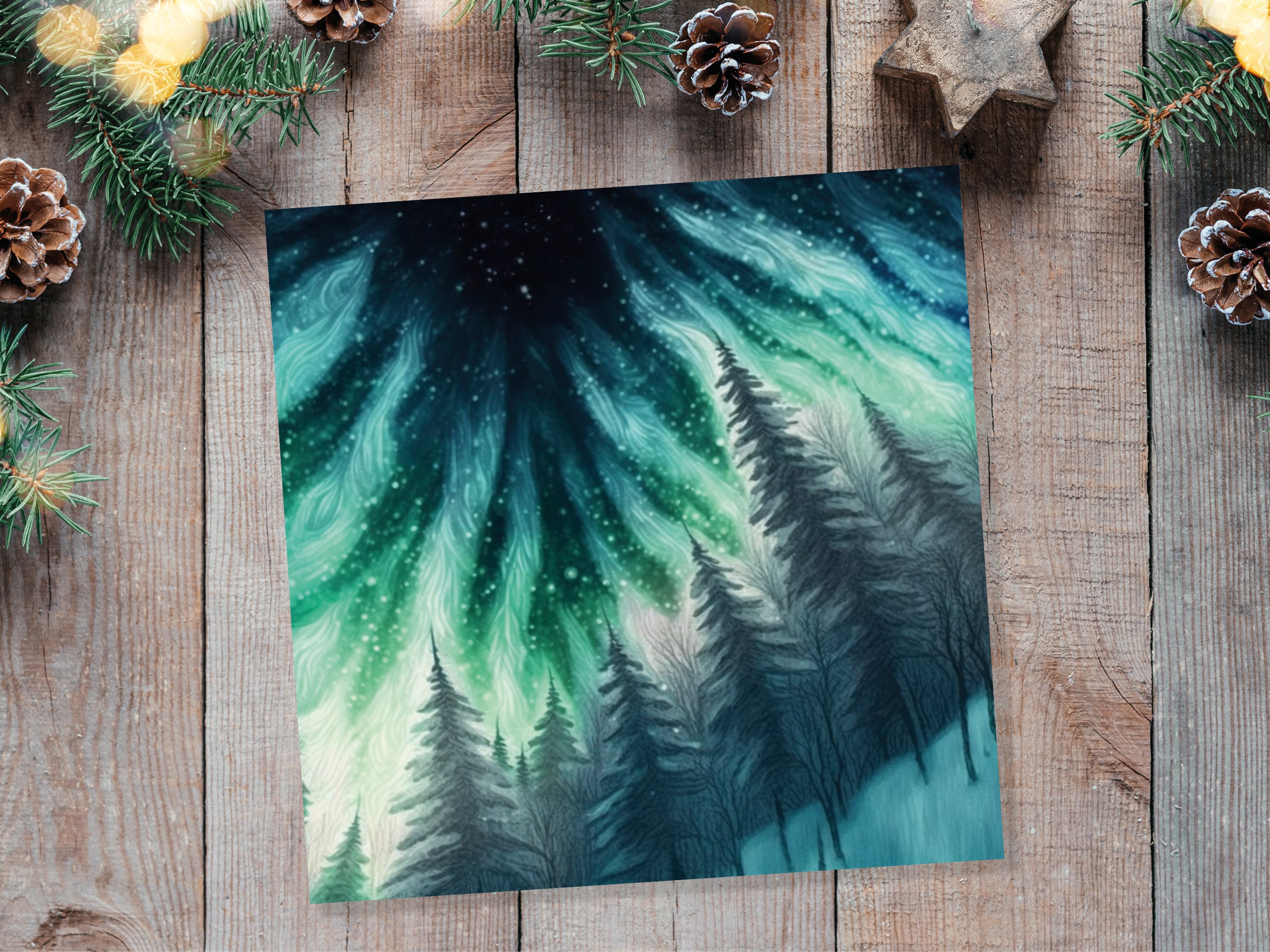 Northern Lights Card Winter Woods Snow Scene Snowy Scenery Green Blue Aurora Borealis Flames Cards For Family Friends Christmas Thank you 23 - View 7