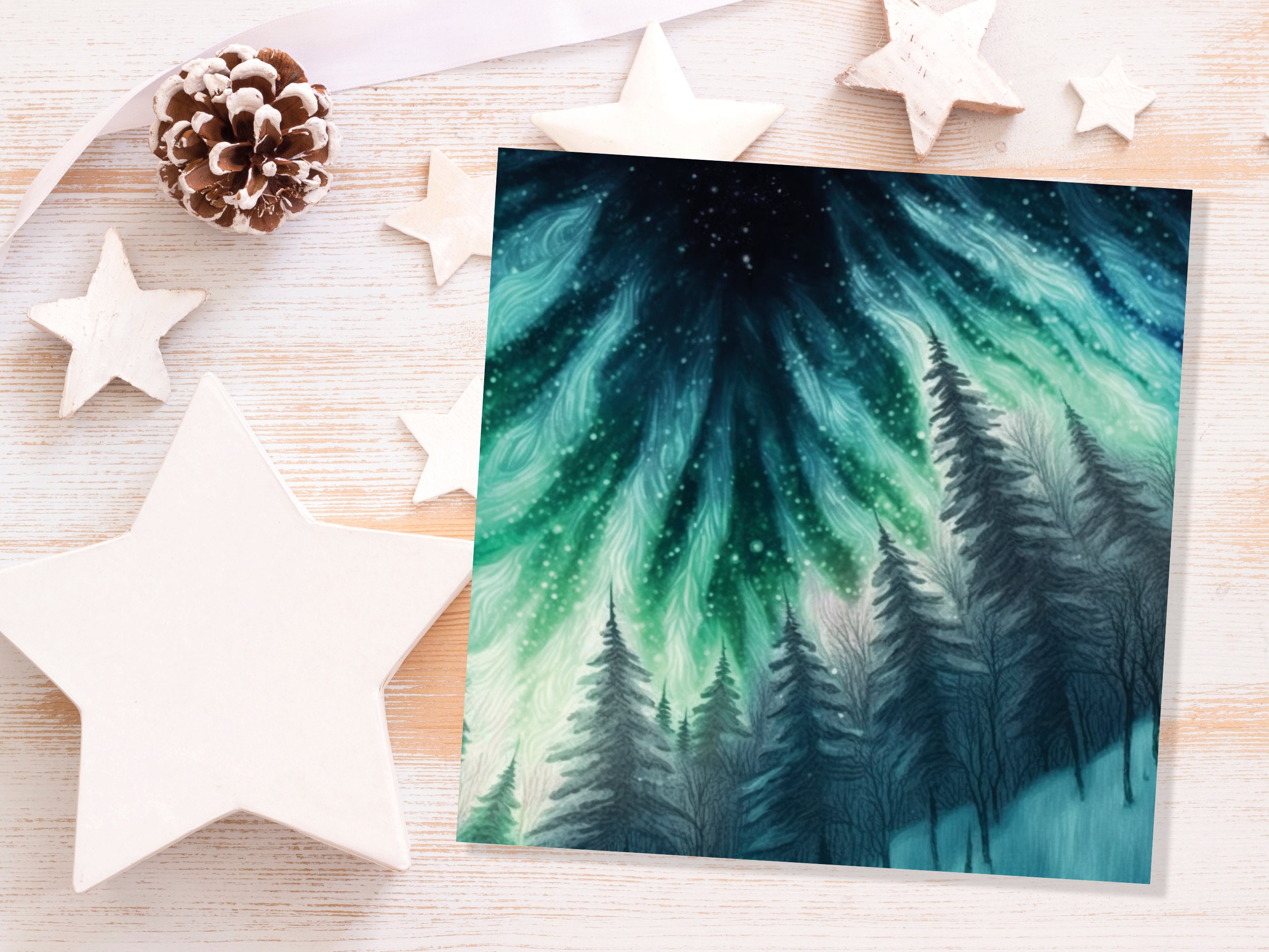 Northern Lights Card Winter Woods Snow Scene Snowy Scenery Green Blue Aurora Borealis Flames Cards For Family Friends Christmas Thank you 23 - View 8