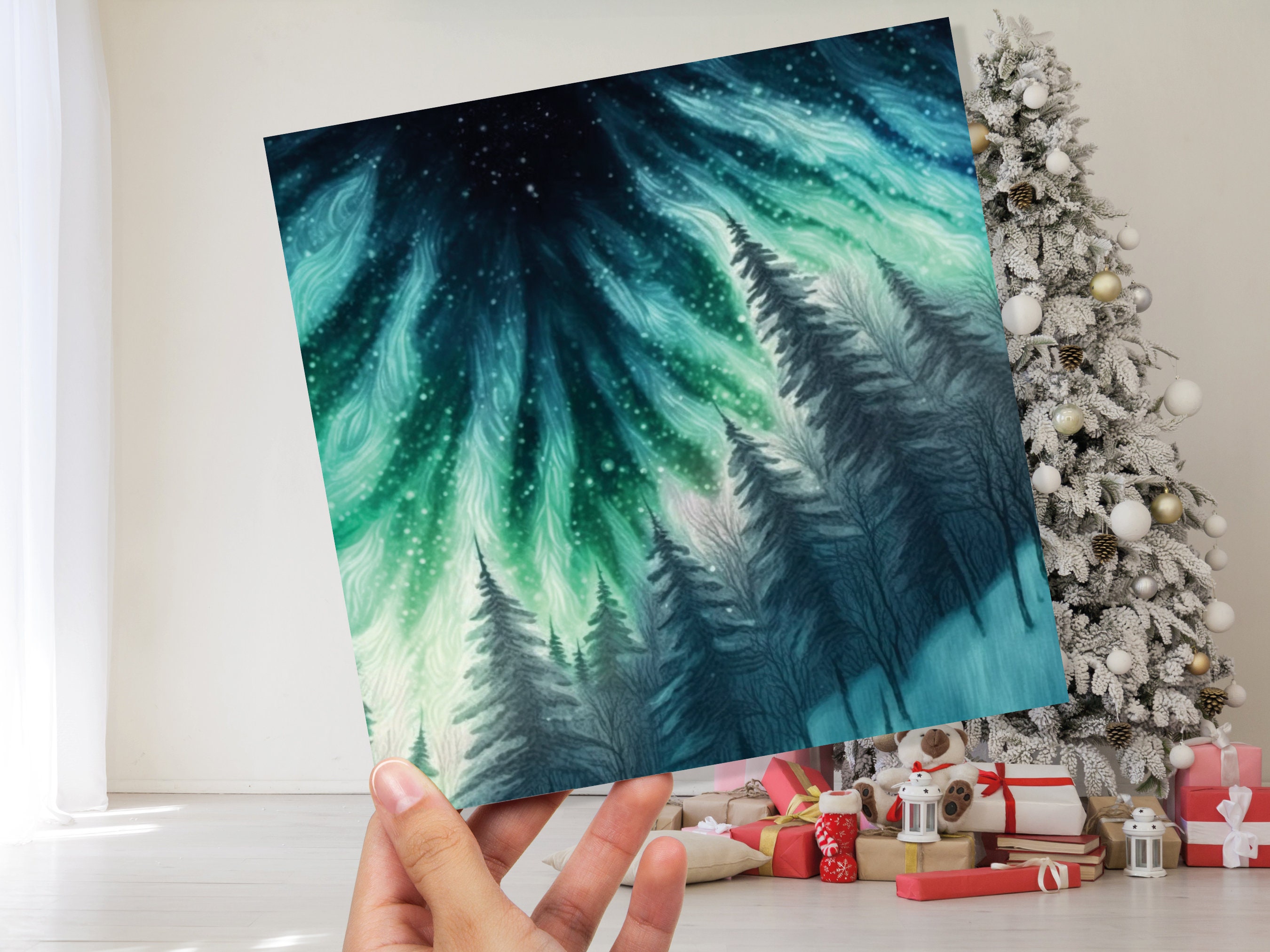 Northern Lights Card Winter Woods Snow Scene Snowy Scenery Green Blue Aurora Borealis Flames Cards For Family Friends Christmas Thank you 23 - View 9