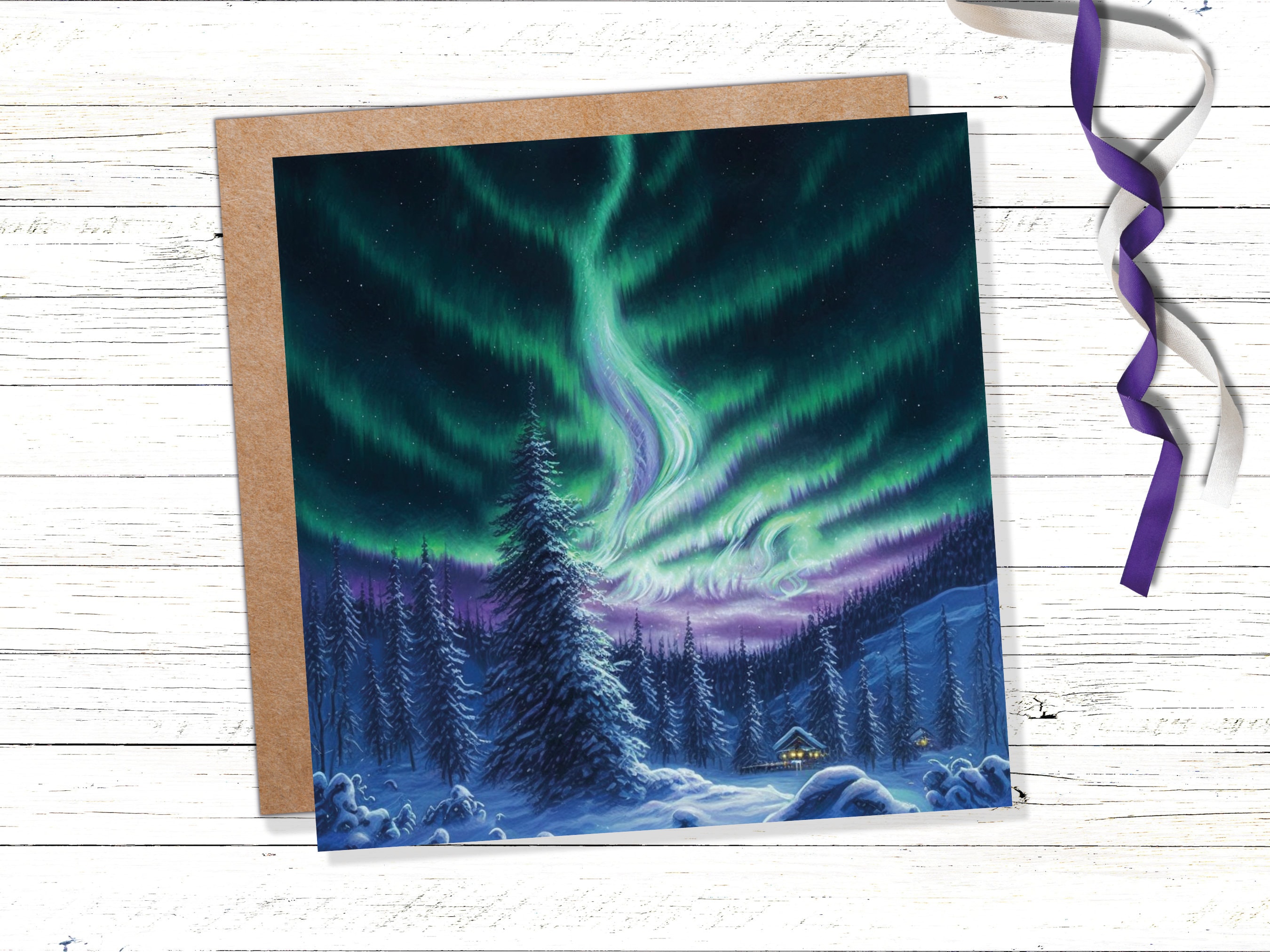 Winter Night Card Northern Lights Cabin Forest Snow Scene Green Blue Purple Aurora Borealis Cards For Family Friends Xmas 23 Thank You Love