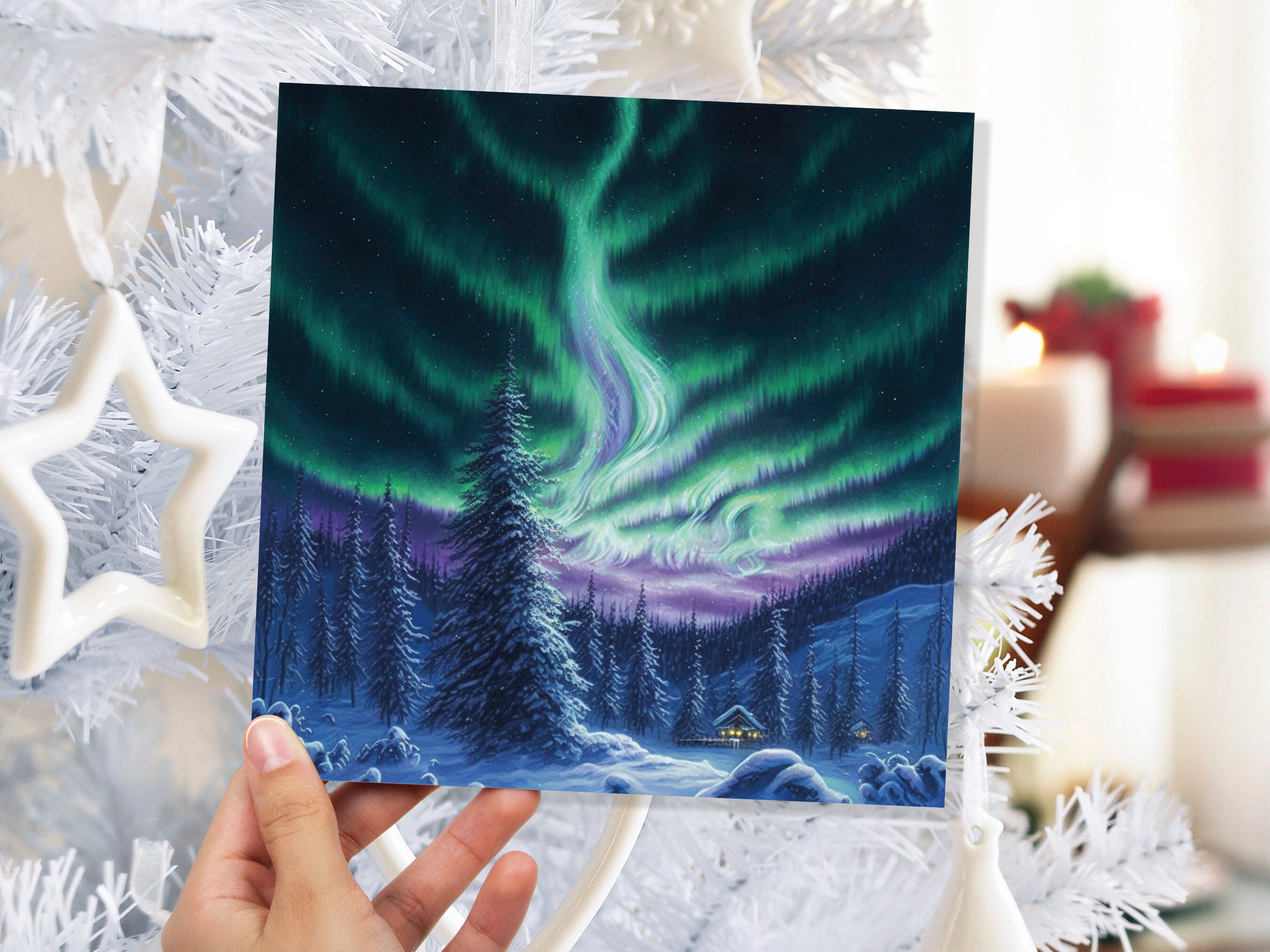 Winter Night Card Northern Lights Cabin Forest Snow Scene Green Blue Purple Aurora Borealis Cards For Family Friends Xmas 23 Thank You Love - View 2