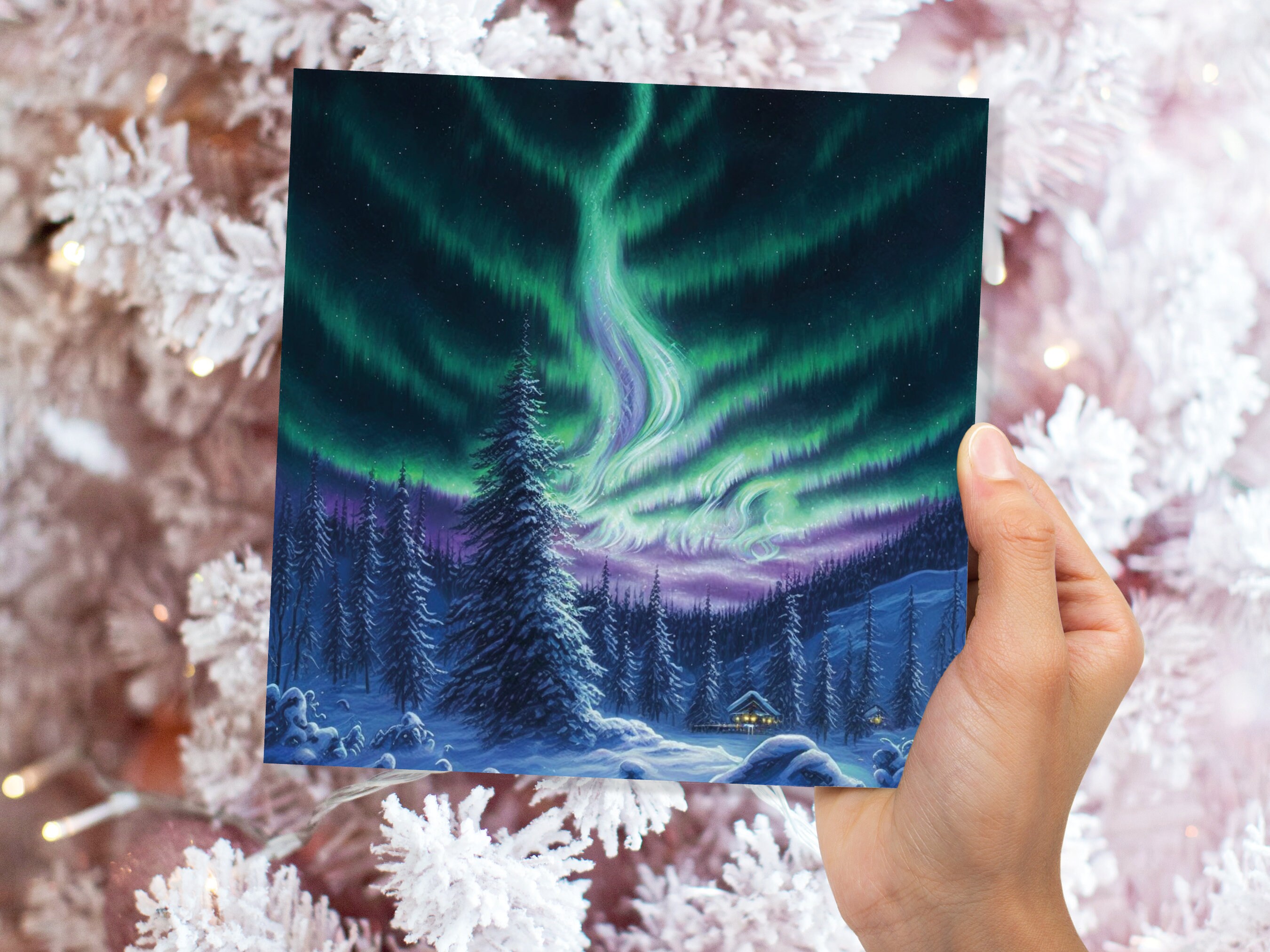 Winter Night Card Northern Lights Cabin Forest Snow Scene Green Blue Purple Aurora Borealis Cards For Family Friends Xmas 23 Thank You Love - View 3