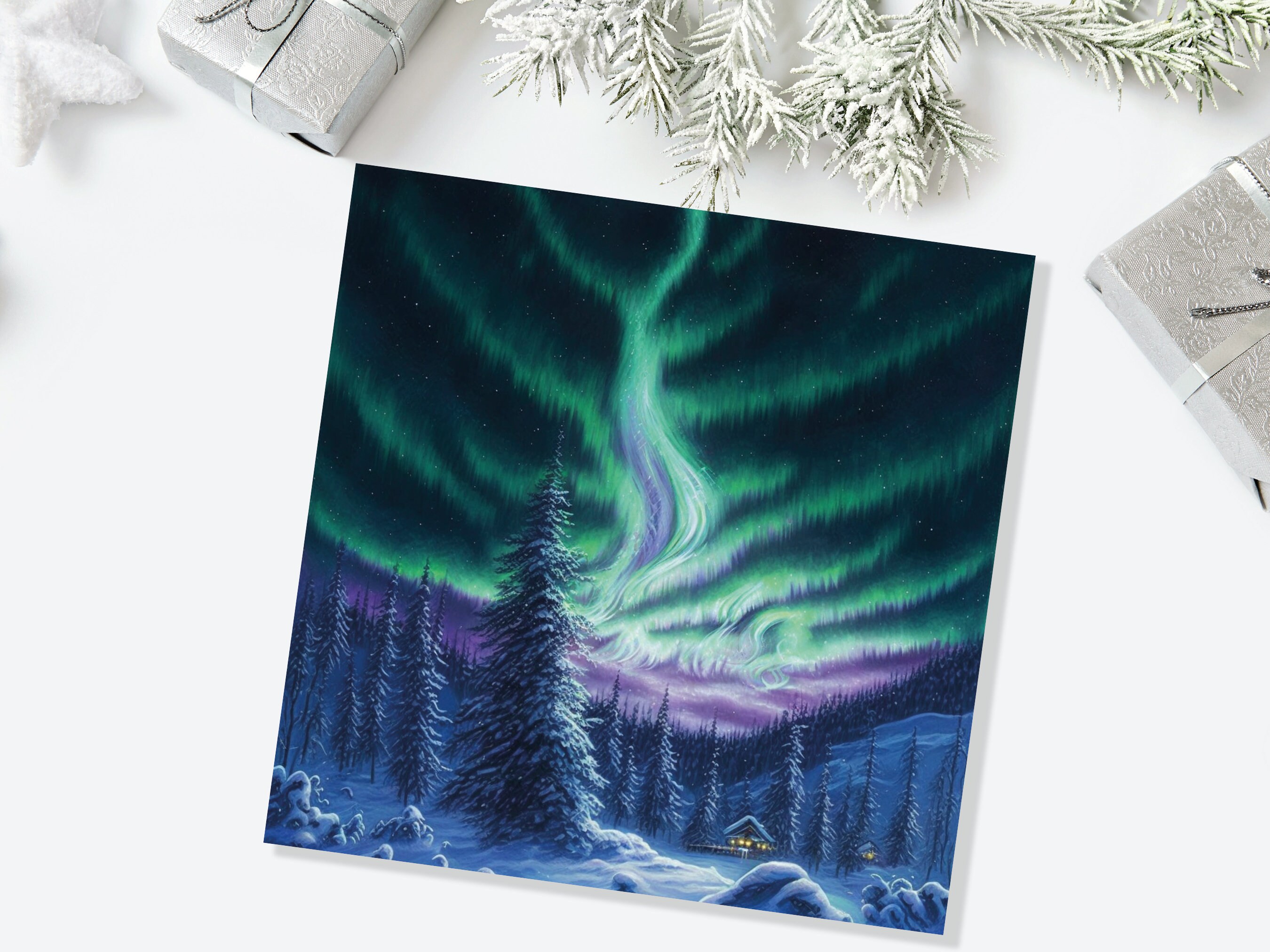 Winter Night Card Northern Lights Cabin Forest Snow Scene Green Blue Purple Aurora Borealis Cards For Family Friends Xmas 23 Thank You Love - View 4