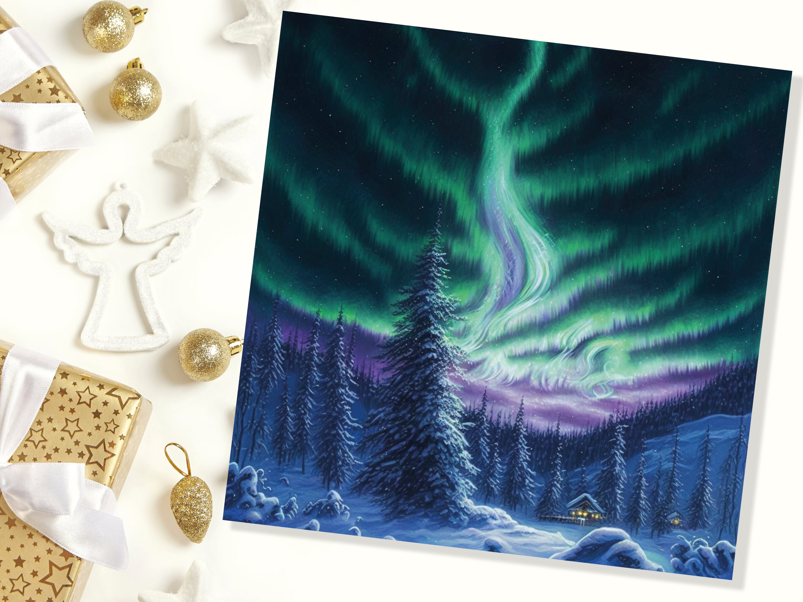 Winter Night Card Northern Lights Cabin Forest Snow Scene Green Blue Purple Aurora Borealis Cards For Family Friends Xmas 23 Thank You Love - View 5