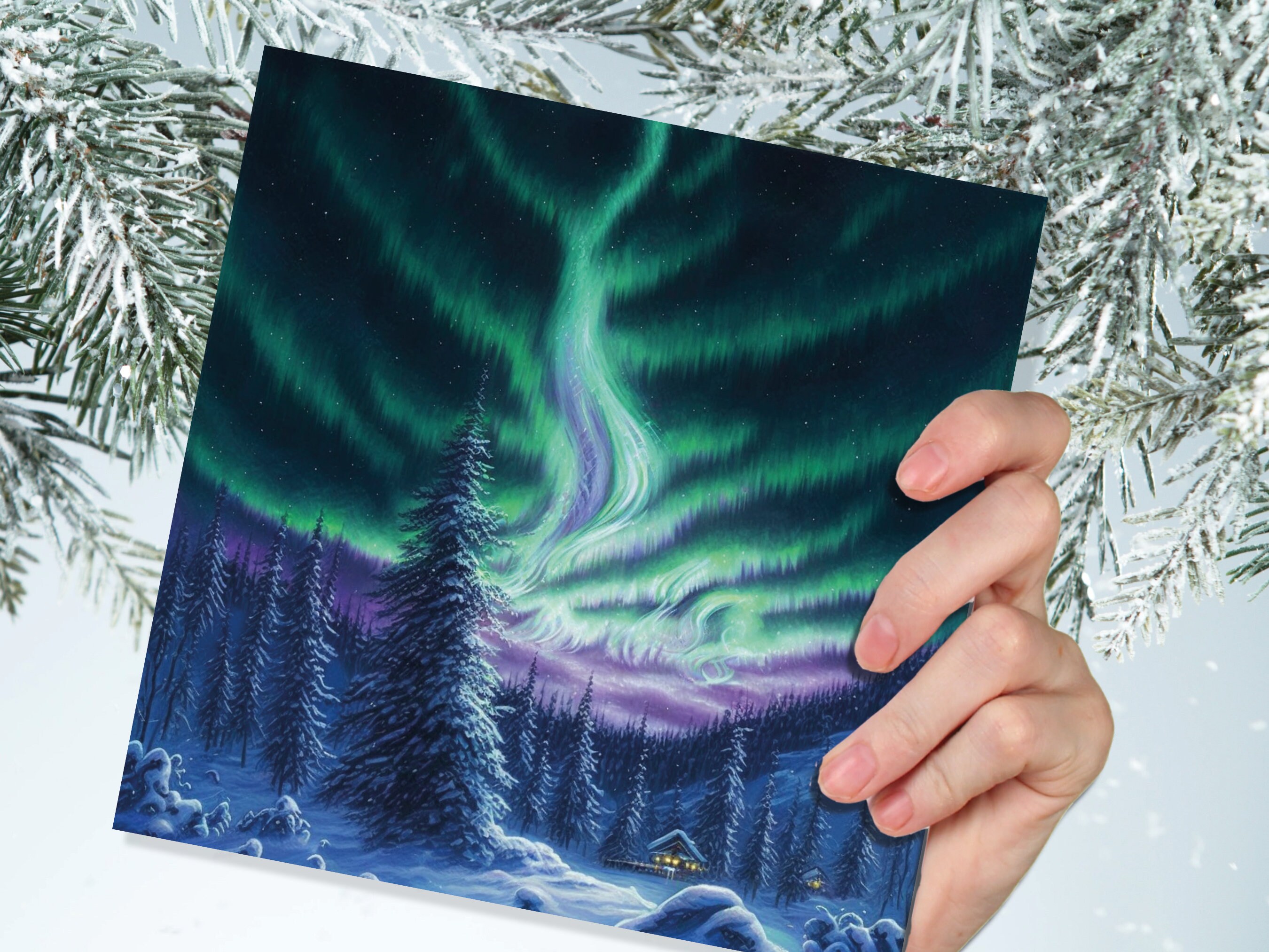 Winter Night Card Northern Lights Cabin Forest Snow Scene Green Blue Purple Aurora Borealis Cards For Family Friends Xmas 23 Thank You Love - View 6