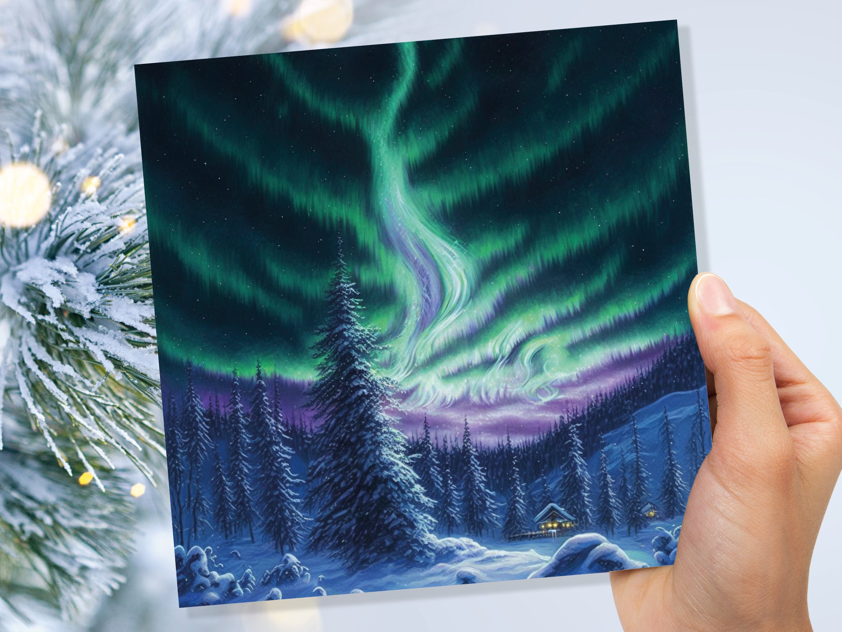 Winter Night Card Northern Lights Cabin Forest Snow Scene Green Blue Purple Aurora Borealis Cards For Family Friends Xmas 23 Thank You Love - View 7