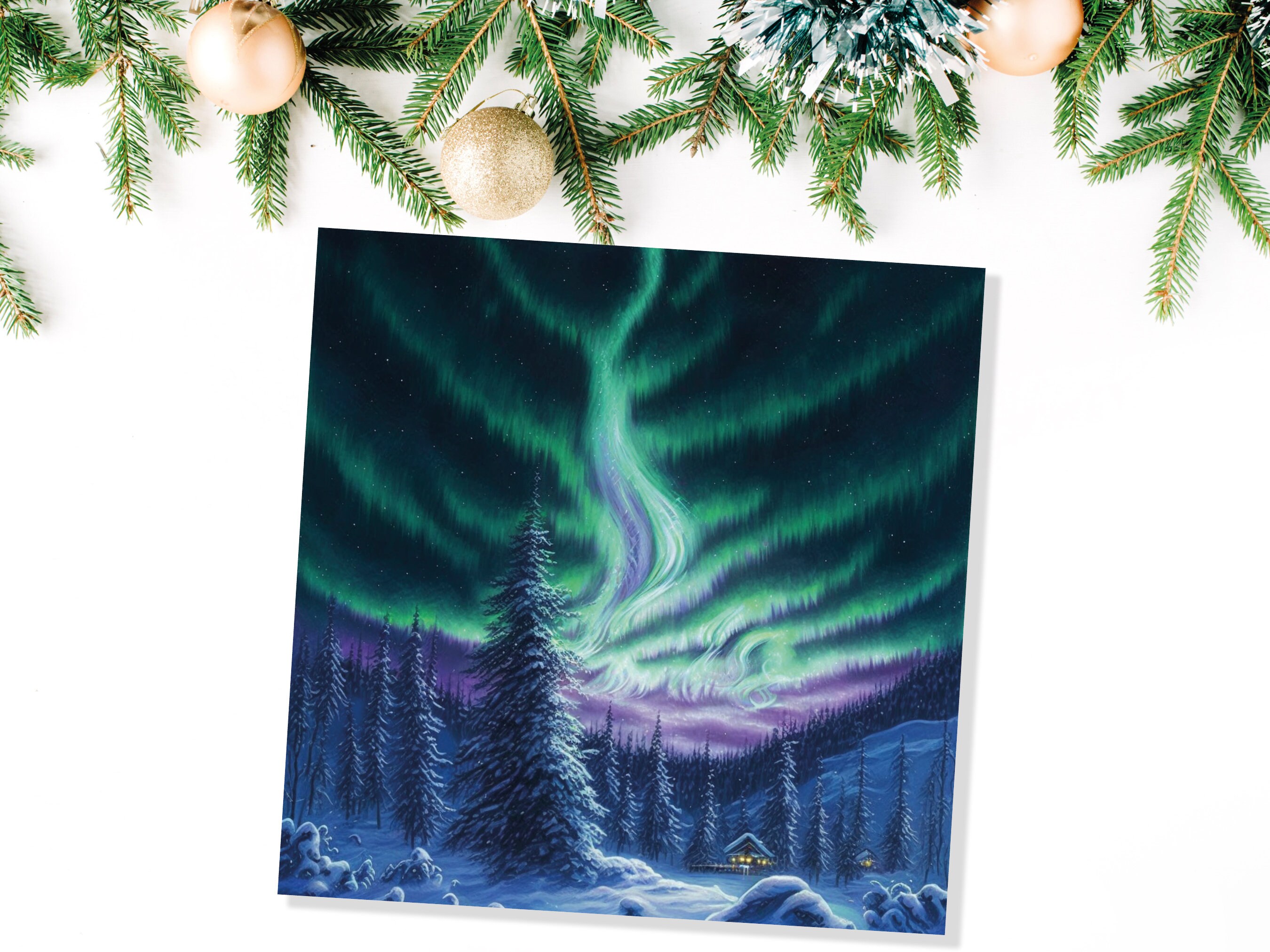 Winter Night Card Northern Lights Cabin Forest Snow Scene Green Blue Purple Aurora Borealis Cards For Family Friends Xmas 23 Thank You Love - View 8