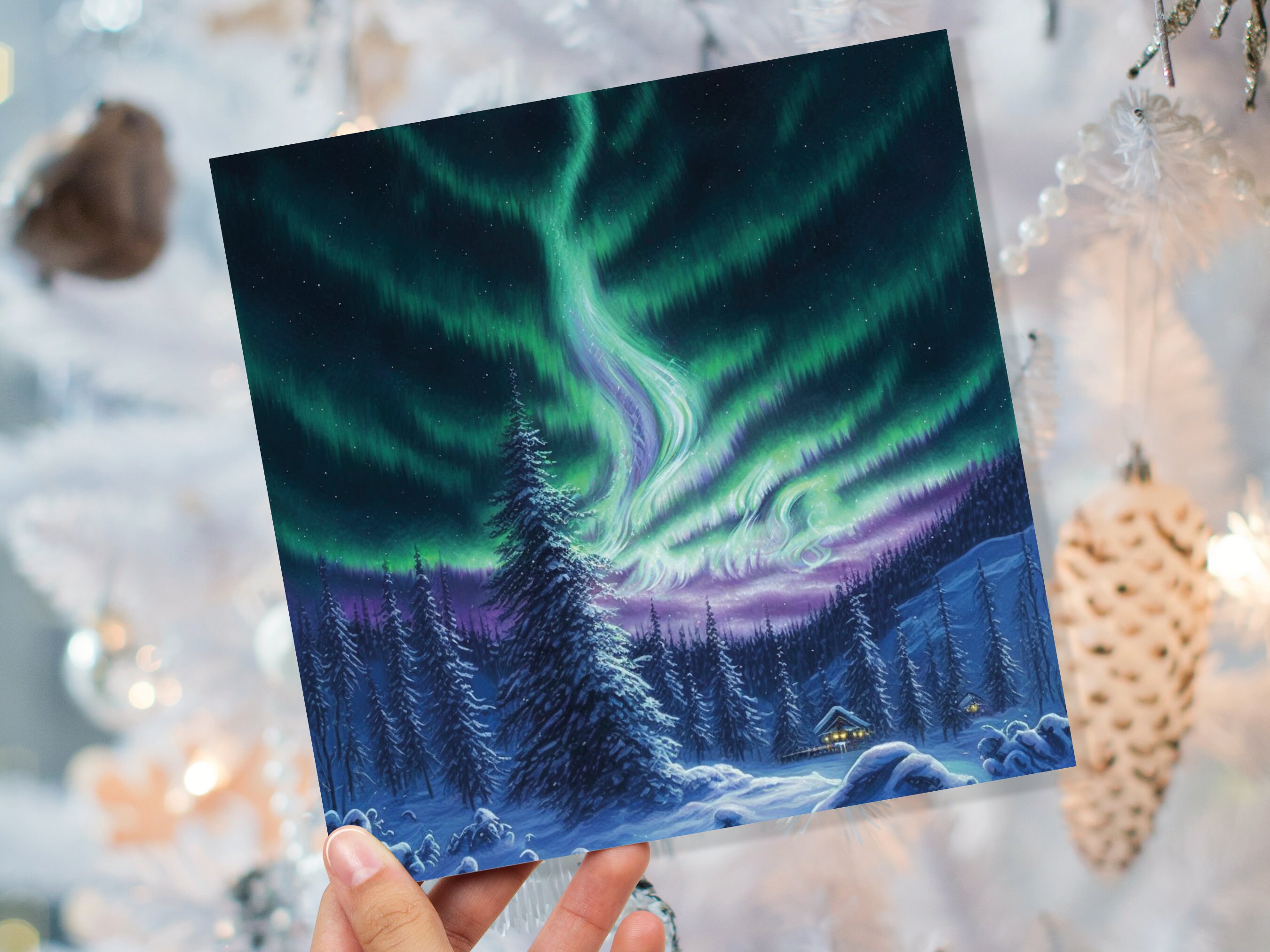 Winter Night Card Northern Lights Cabin Forest Snow Scene Green Blue Purple Aurora Borealis Cards For Family Friends Xmas 23 Thank You Love - View 9