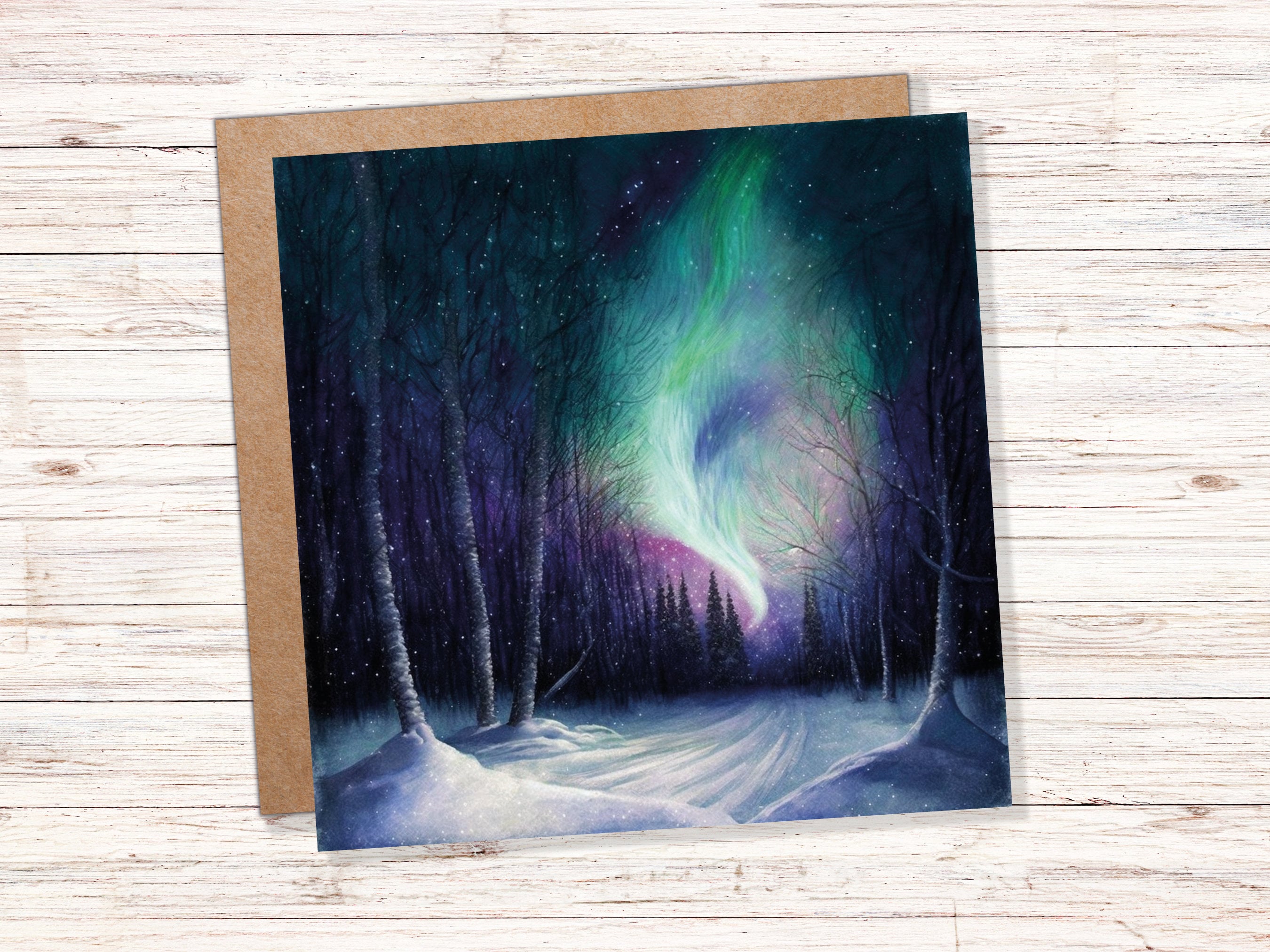 Enchanted Polar Lights Thank You Card Forest Snow Scene Green Purple Aurora Borealis Northern Light Swirl For Family Friends Christmas Card