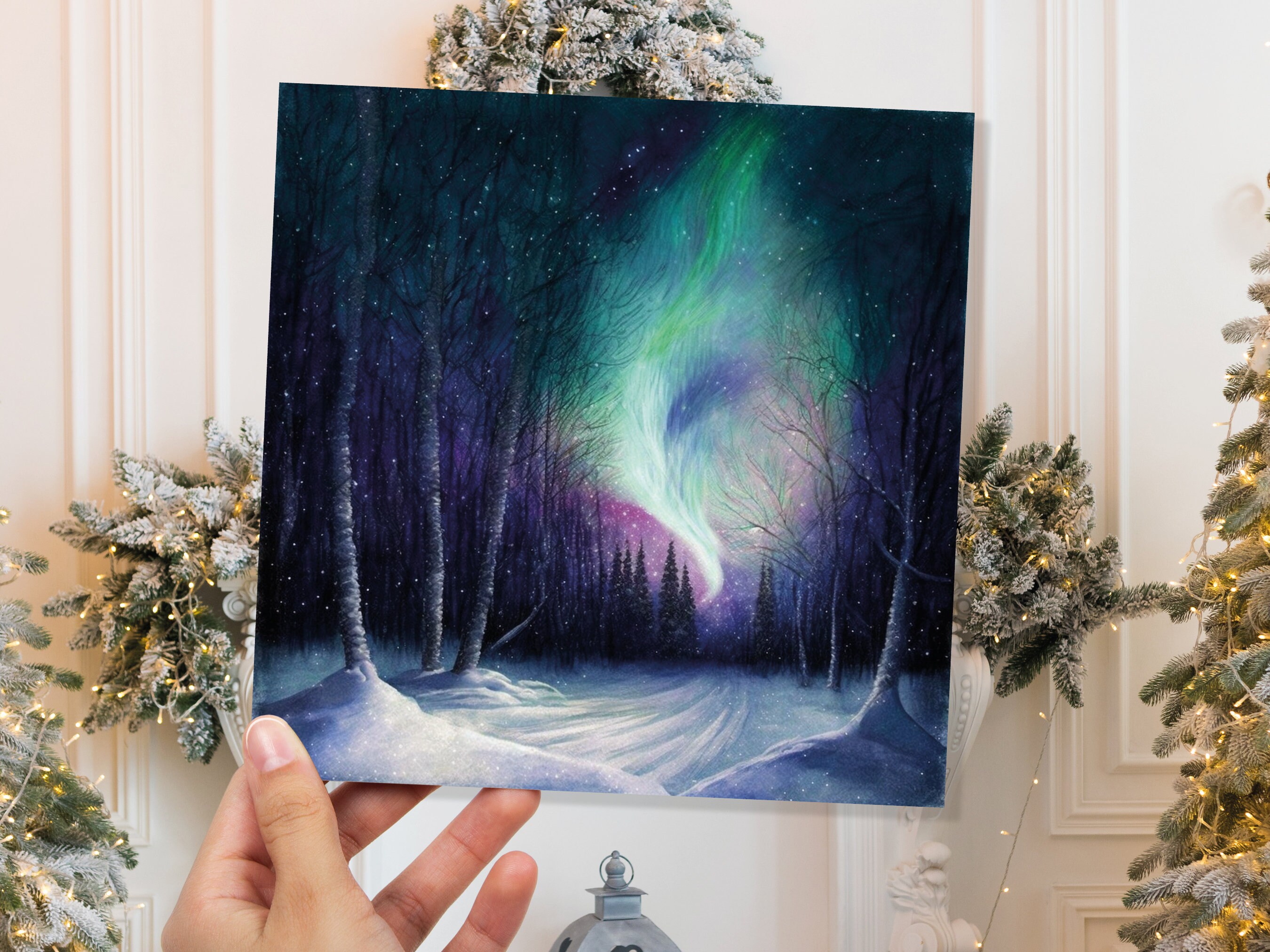 Enchanted Polar Lights Thank You Card Forest Snow Scene Green Purple Aurora Borealis Northern Light Swirl For Family Friends Christmas Card - View 2