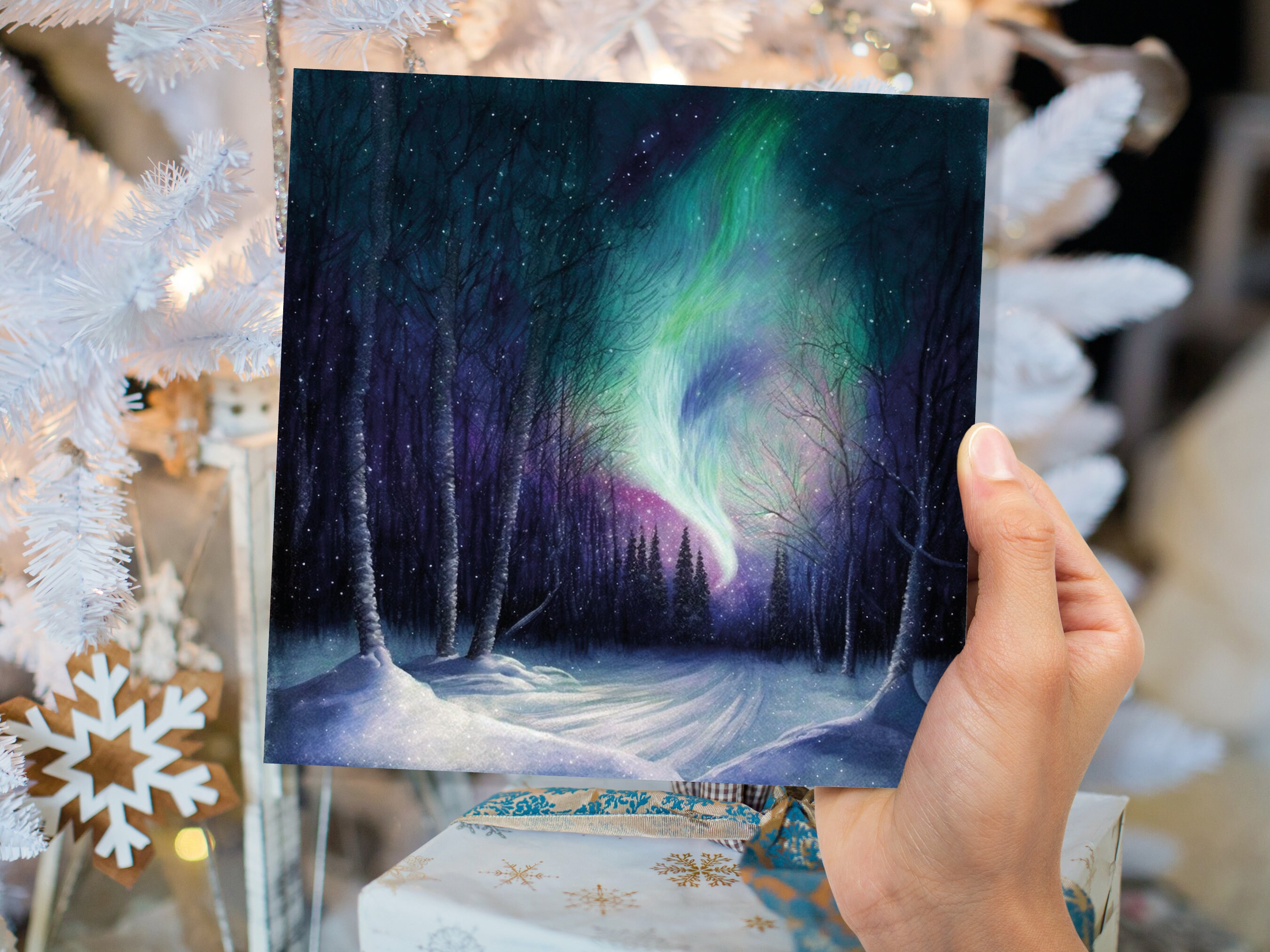 Enchanted Polar Lights Thank You Card Forest Snow Scene Green Purple Aurora Borealis Northern Light Swirl For Family Friends Christmas Card - View 3