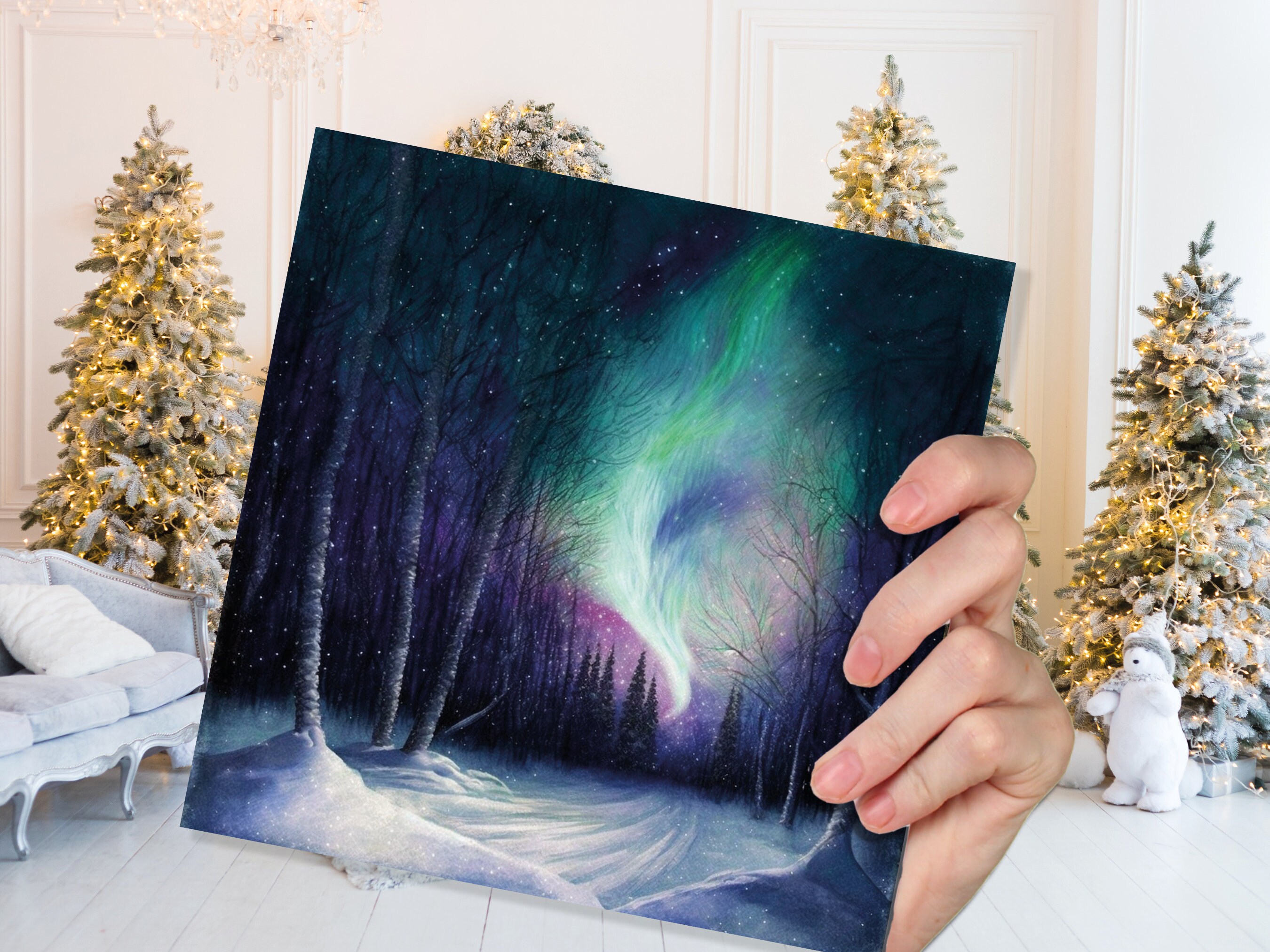 Enchanted Polar Lights Thank You Card Forest Snow Scene Green Purple Aurora Borealis Northern Light Swirl For Family Friends Christmas Card - View 4