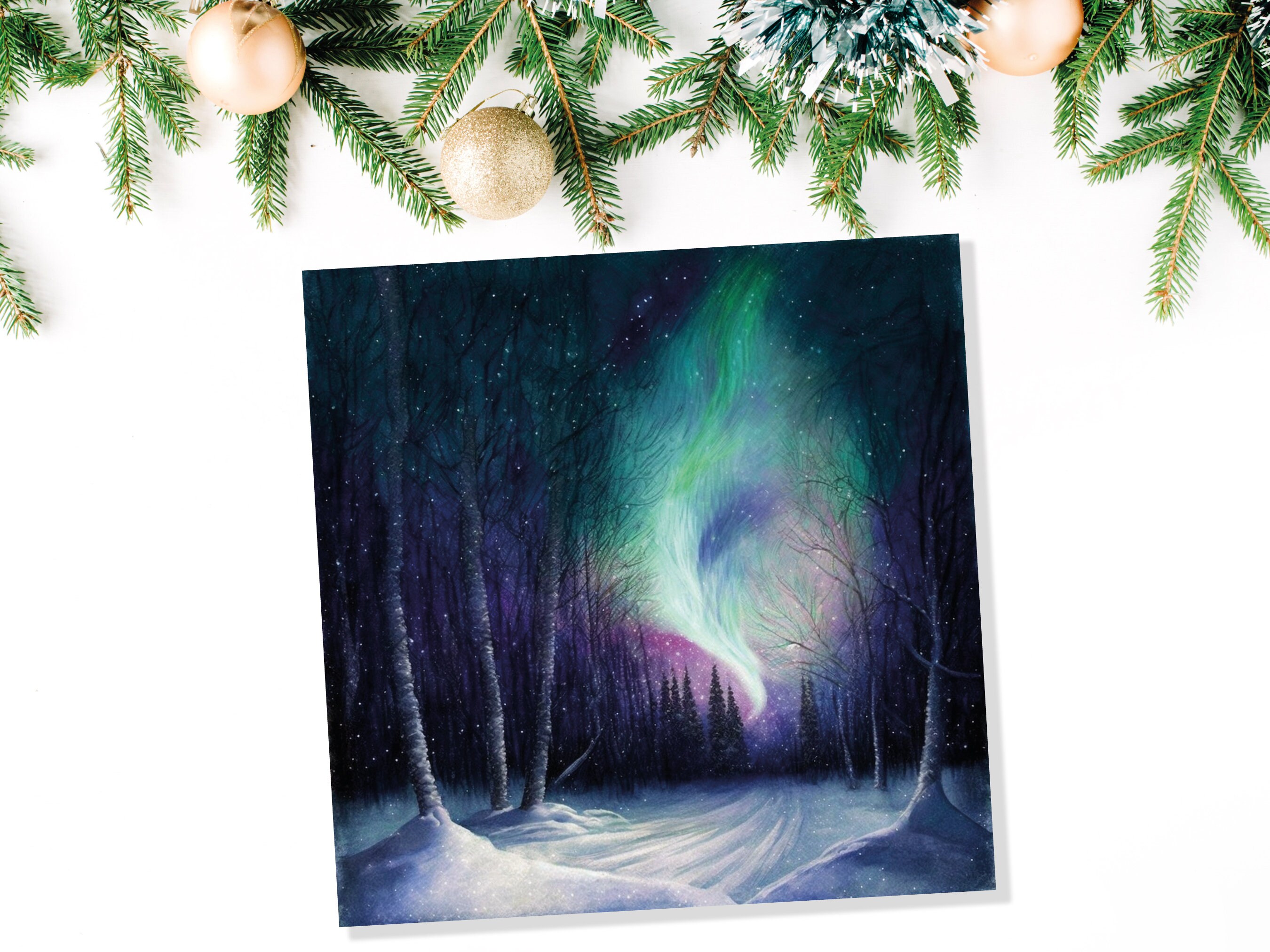 Enchanted Polar Lights Thank You Card Forest Snow Scene Green Purple Aurora Borealis Northern Light Swirl For Family Friends Christmas Card - View 5