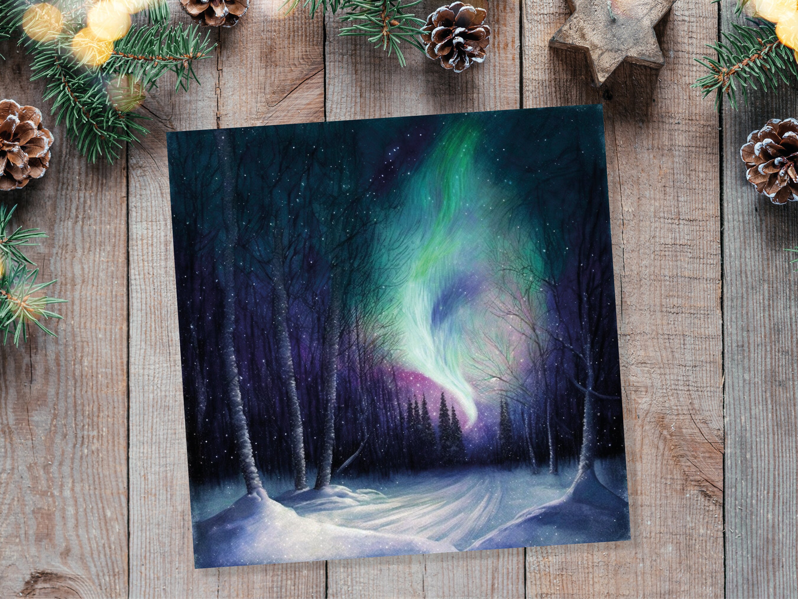 Enchanted Polar Lights Thank You Card Forest Snow Scene Green Purple Aurora Borealis Northern Light Swirl For Family Friends Christmas Card - View 6