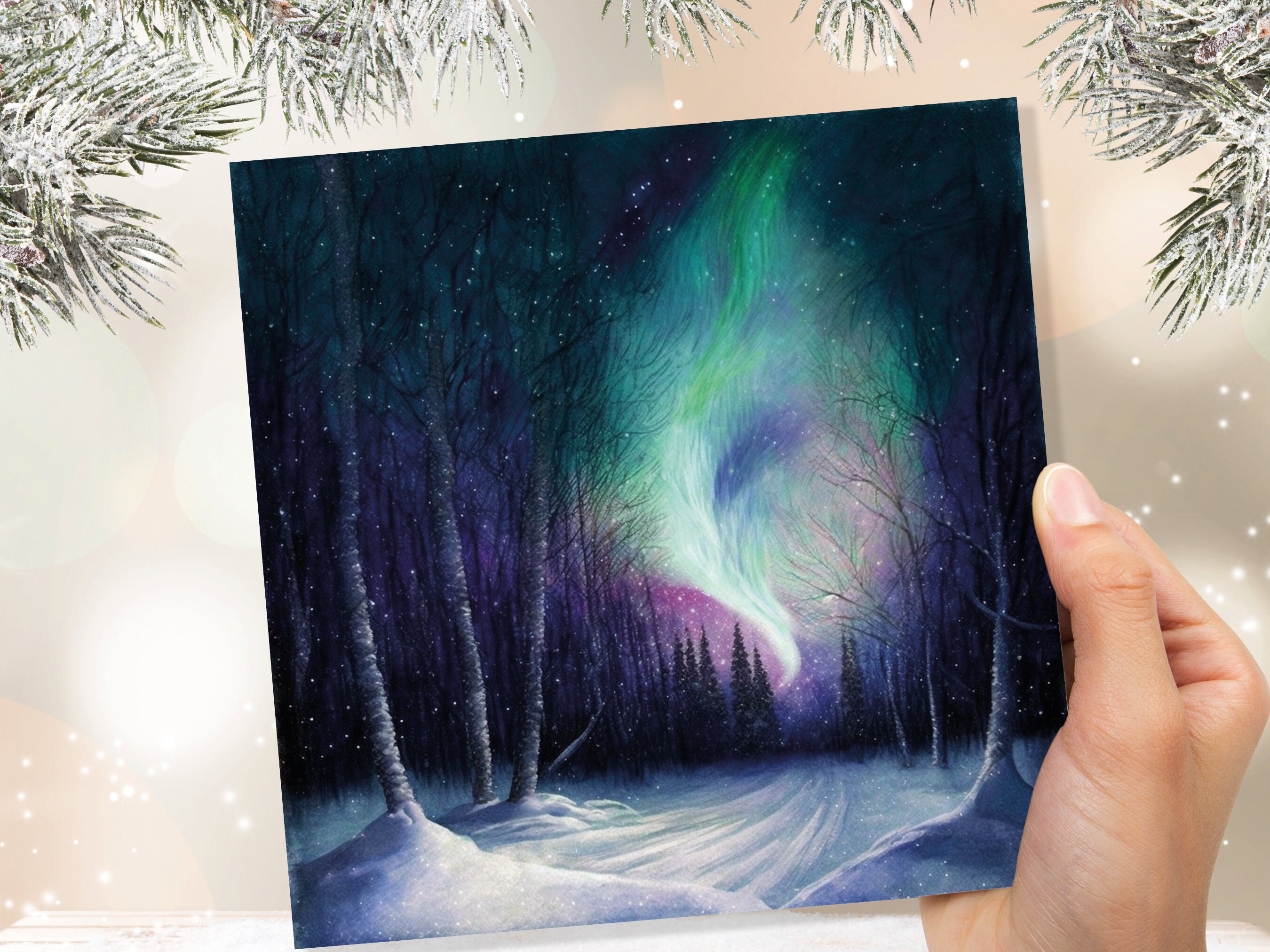 Enchanted Polar Lights Thank You Card Forest Snow Scene Green Purple Aurora Borealis Northern Light Swirl For Family Friends Christmas Card - View 7