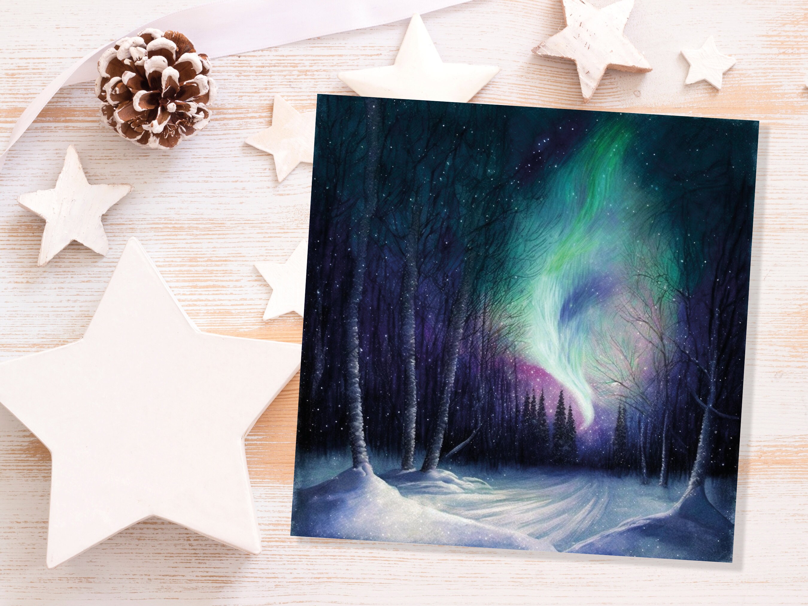 Enchanted Polar Lights Thank You Card Forest Snow Scene Green Purple Aurora Borealis Northern Light Swirl For Family Friends Christmas Card - View 8