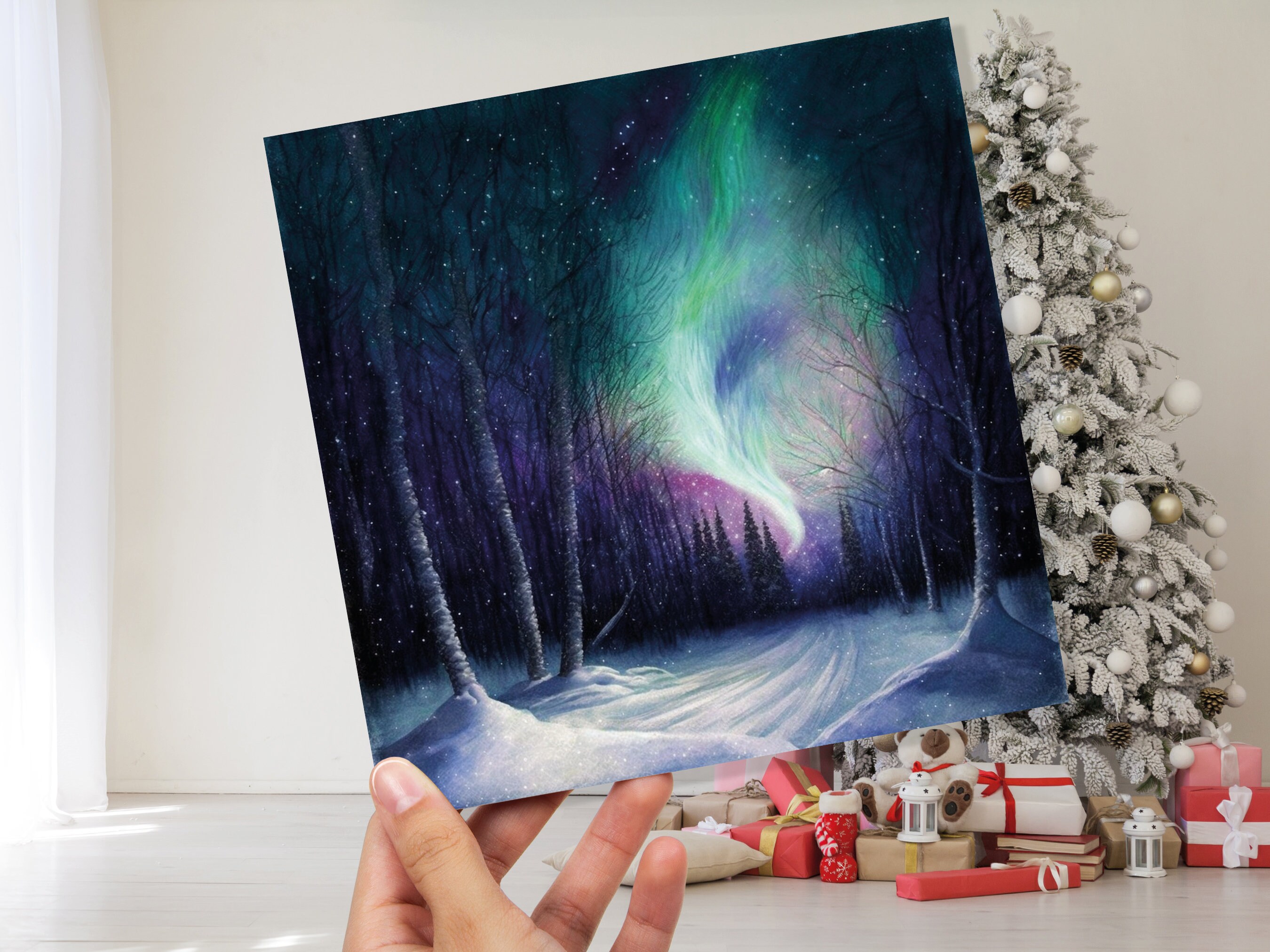 Enchanted Polar Lights Thank You Card Forest Snow Scene Green Purple Aurora Borealis Northern Light Swirl For Family Friends Christmas Card - View 9