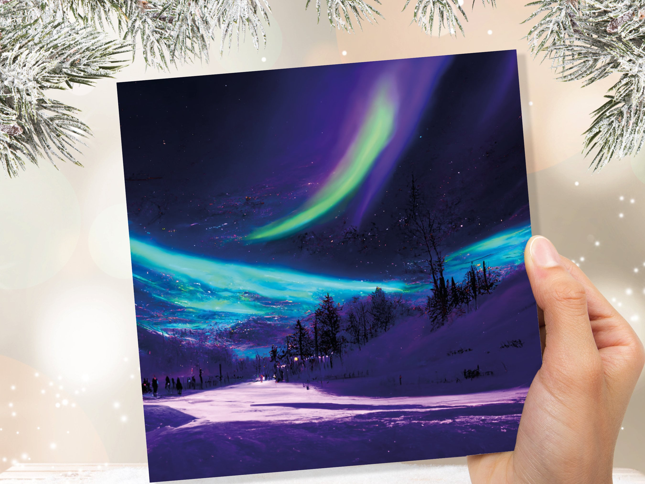 Northern Lights Painting Card Snow Scene Green Purple Aurora Borealis Polar Sky Winter Night Cards For Family Friends Xmas 2024 Thank You