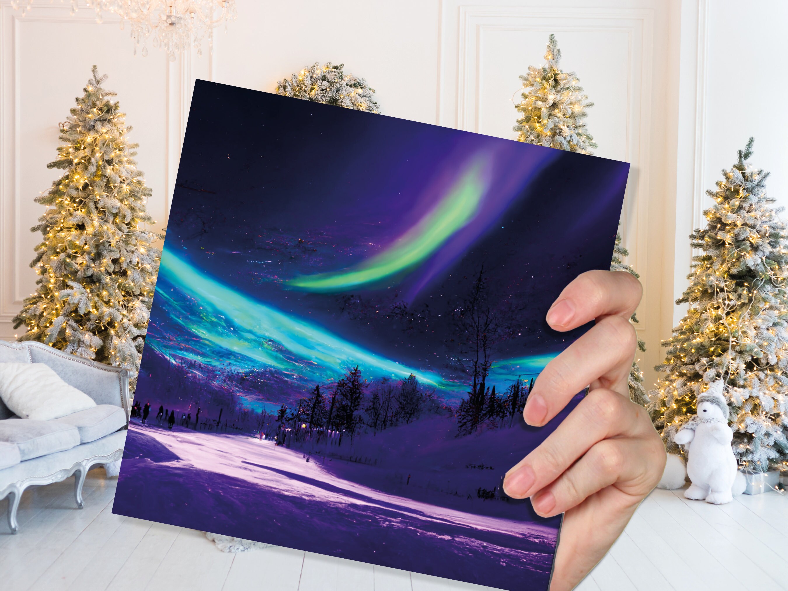 Northern Lights Painting Card Snow Scene Green Purple Aurora Borealis Polar Sky Winter Night Cards For Family Friends Xmas 2024 Thank You - View 2