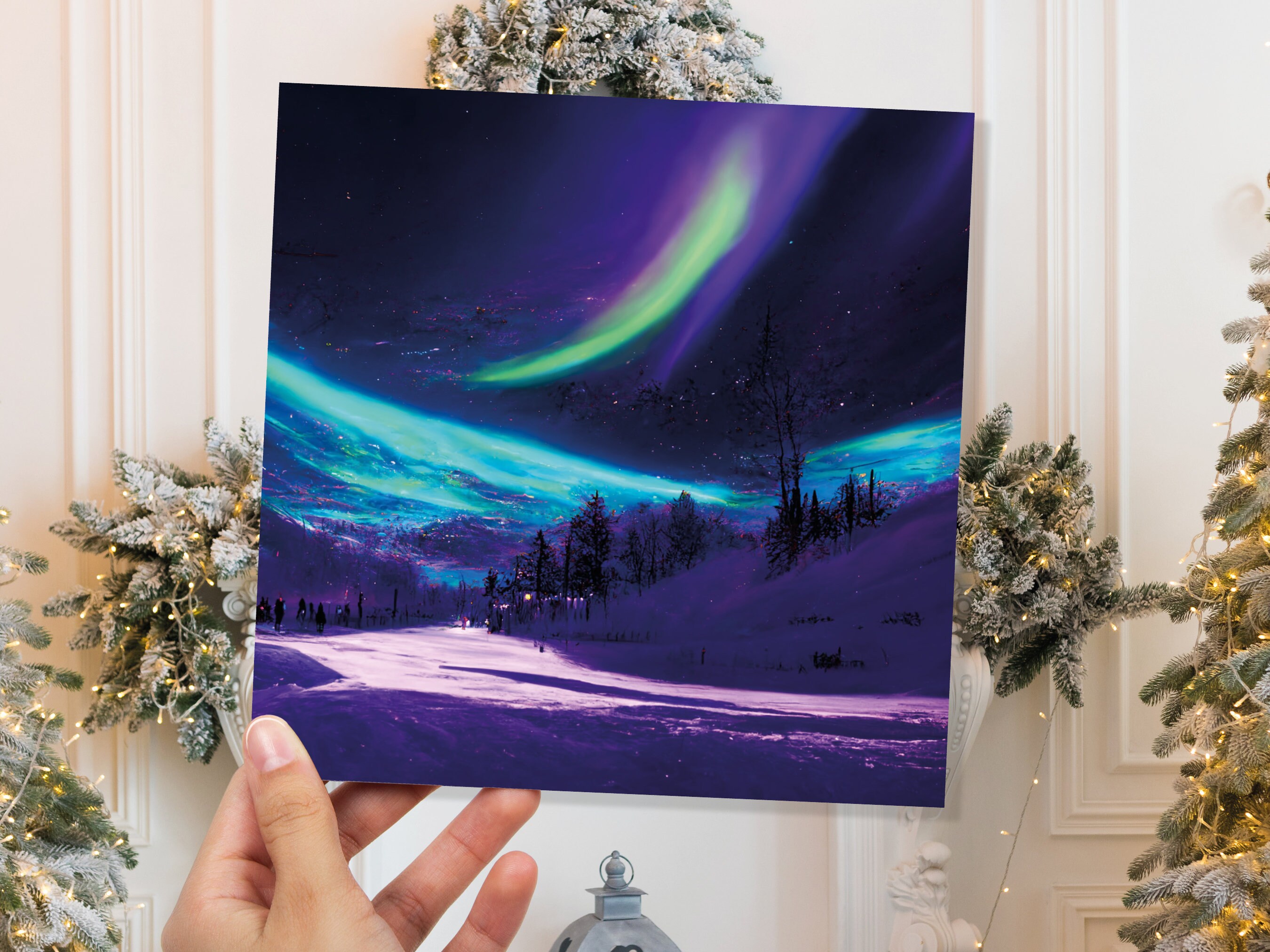 Northern Lights Painting Card Snow Scene Green Purple Aurora Borealis Polar Sky Winter Night Cards For Family Friends Xmas 2024 Thank You - View 4