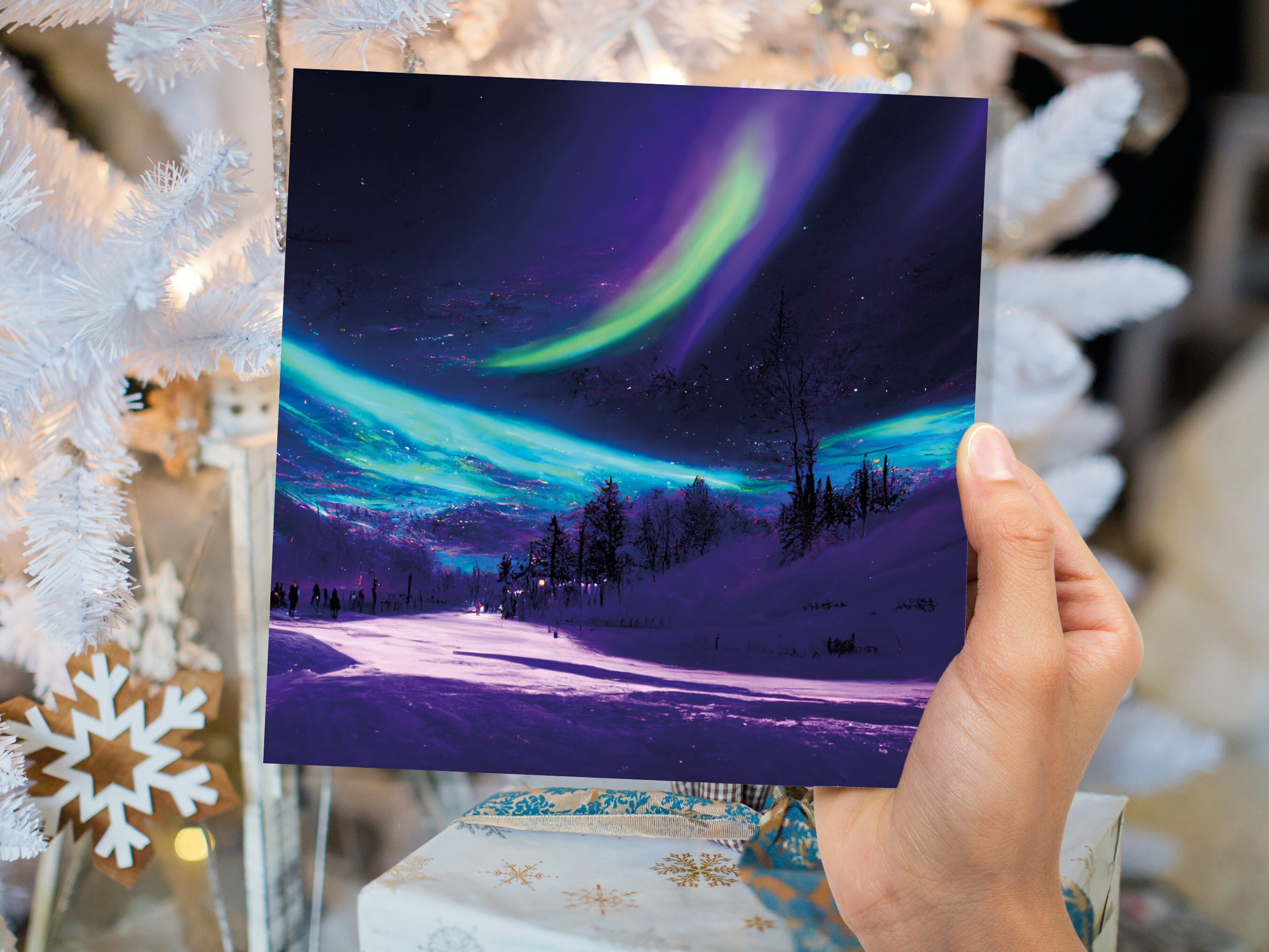 Northern Lights Painting Card Snow Scene Green Purple Aurora Borealis Polar Sky Winter Night Cards For Family Friends Xmas 2024 Thank You - View 5