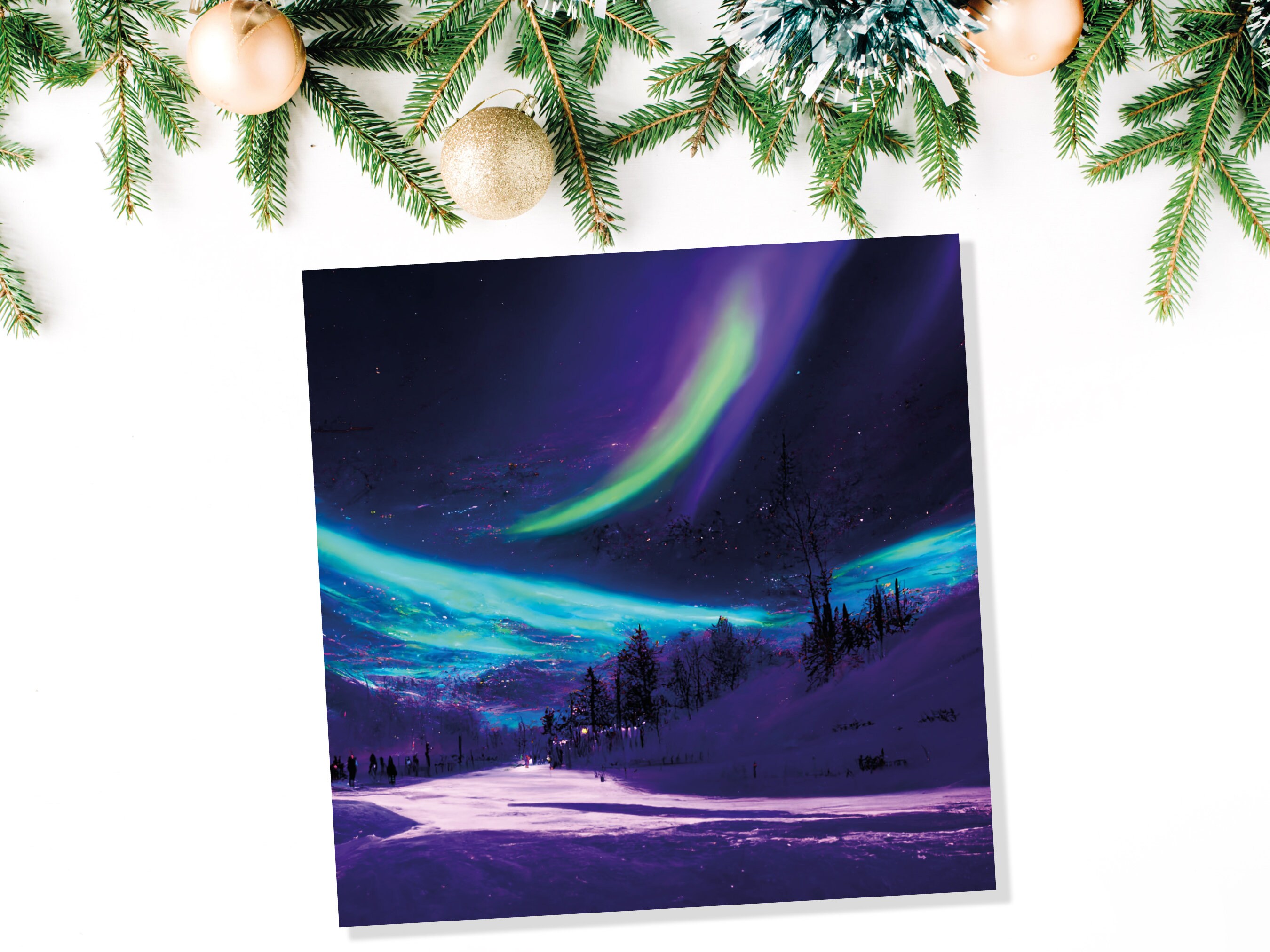 Northern Lights Painting Card Snow Scene Green Purple Aurora Borealis Polar Sky Winter Night Cards For Family Friends Xmas 2024 Thank You - View 6