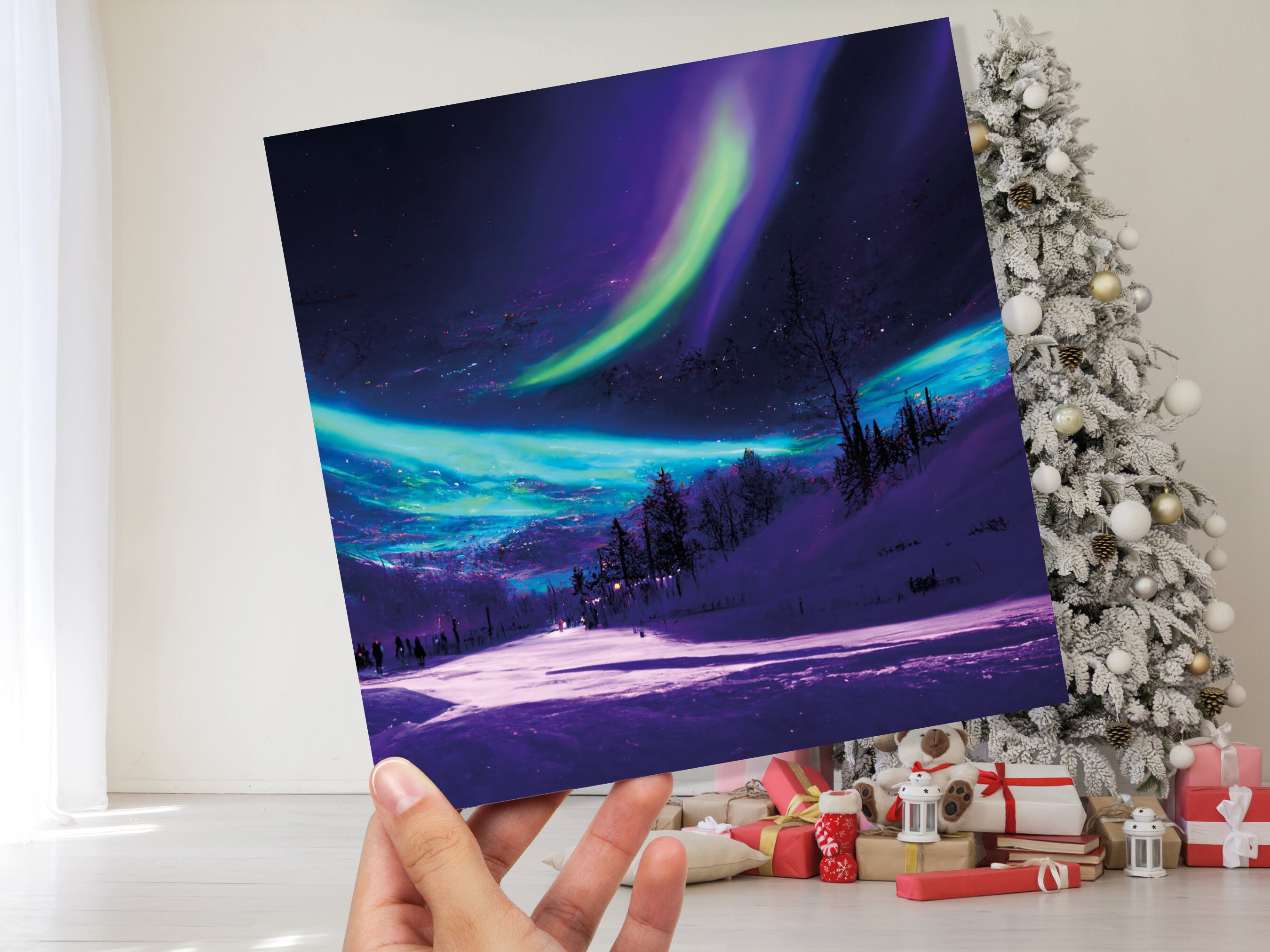 Northern Lights Painting Card Snow Scene Green Purple Aurora Borealis Polar Sky Winter Night Cards For Family Friends Xmas 2024 Thank You - View 9