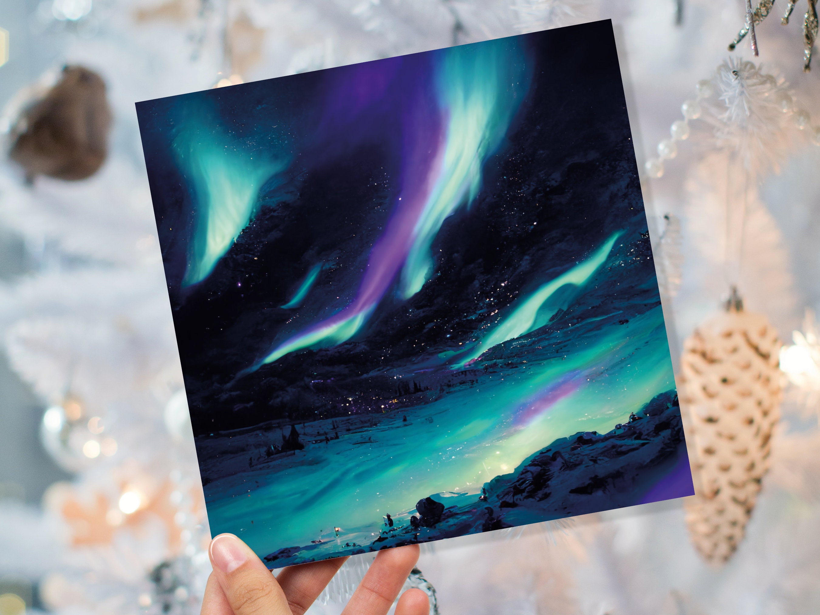 Polar Lights Card Aurora Borealis Glowing Ski Slopes Snowy Scenery Glittering Snow Northern Sky Cards For Family Friends Xmas 2024 Thank You - View 2