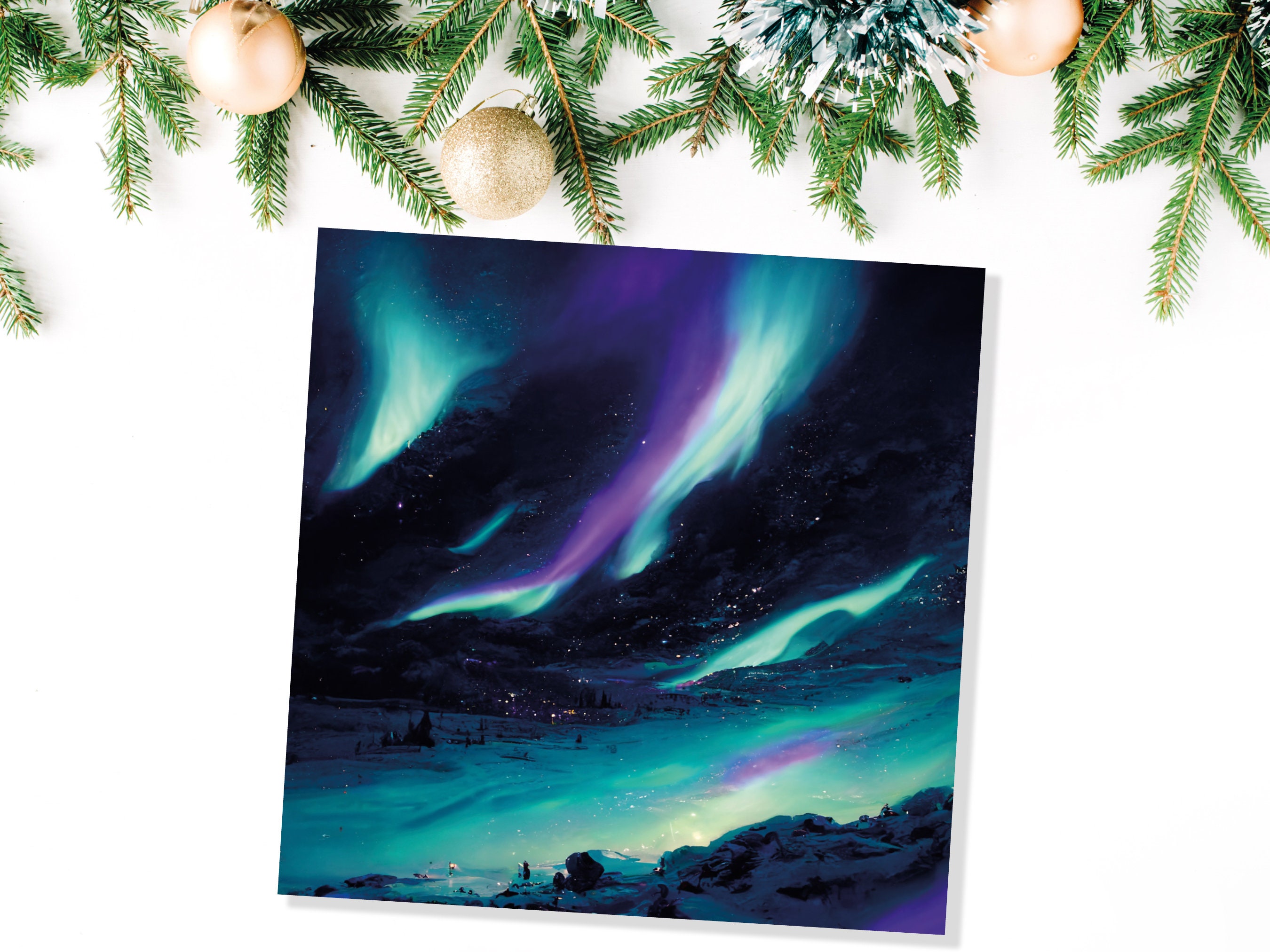 Polar Lights Card Aurora Borealis Glowing Ski Slopes Snowy Scenery Glittering Snow Northern Sky Cards For Family Friends Xmas 2024 Thank You - View 3