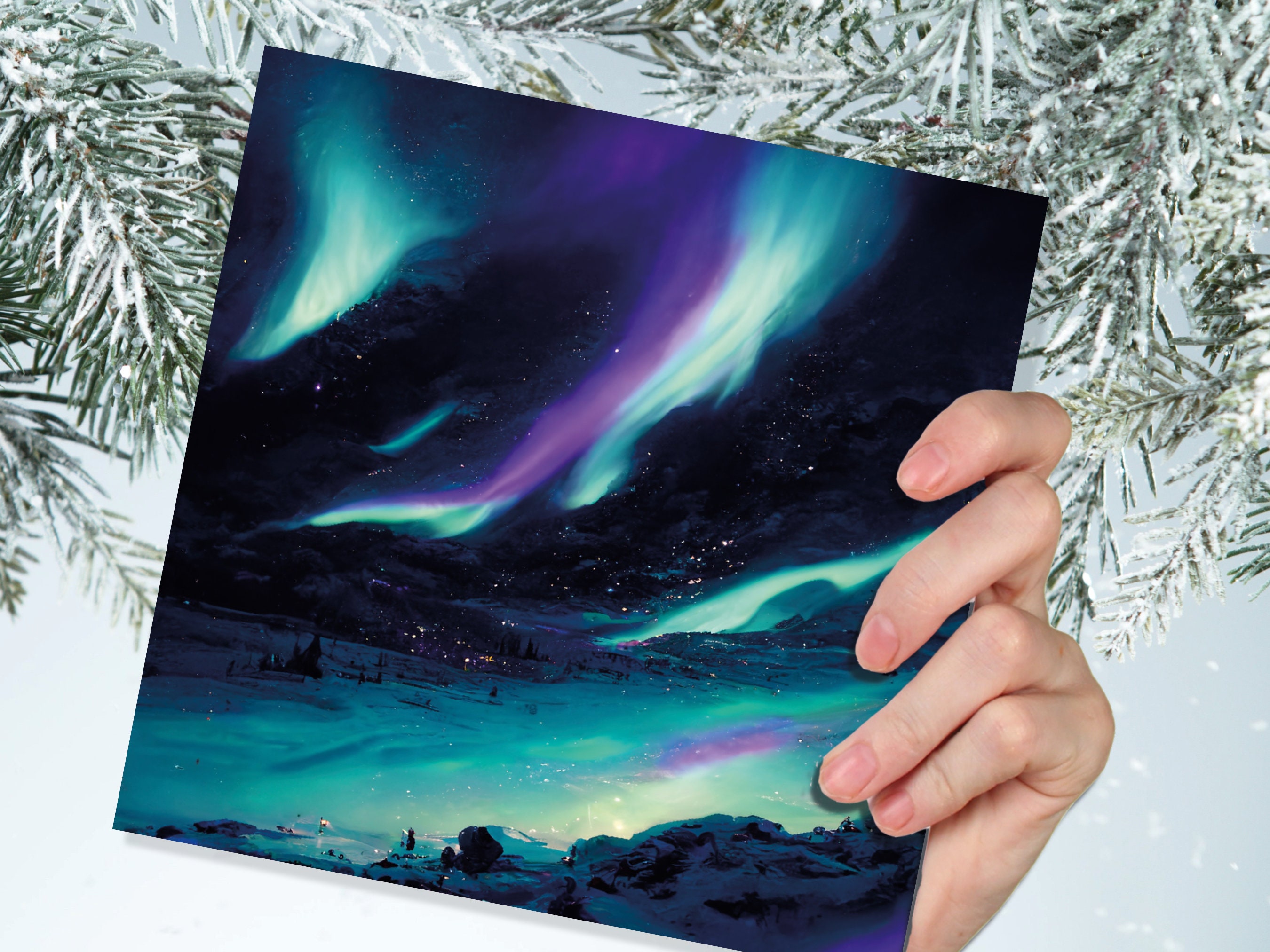 Polar Lights Card Aurora Borealis Glowing Ski Slopes Snowy Scenery Glittering Snow Northern Sky Cards For Family Friends Xmas 2024 Thank You - View 4