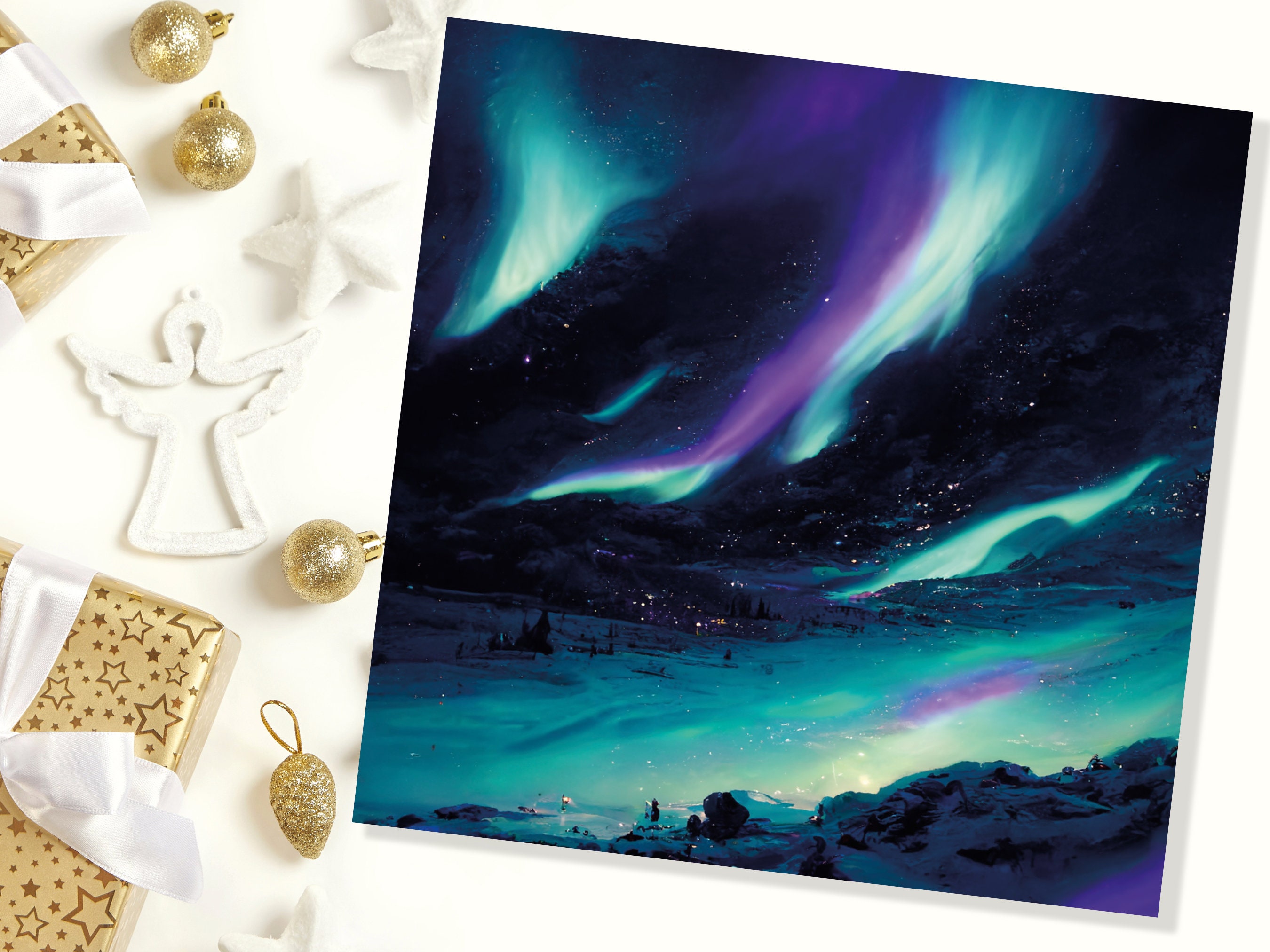 Polar Lights Card Aurora Borealis Glowing Ski Slopes Snowy Scenery Glittering Snow Northern Sky Cards For Family Friends Xmas 2024 Thank You - View 5