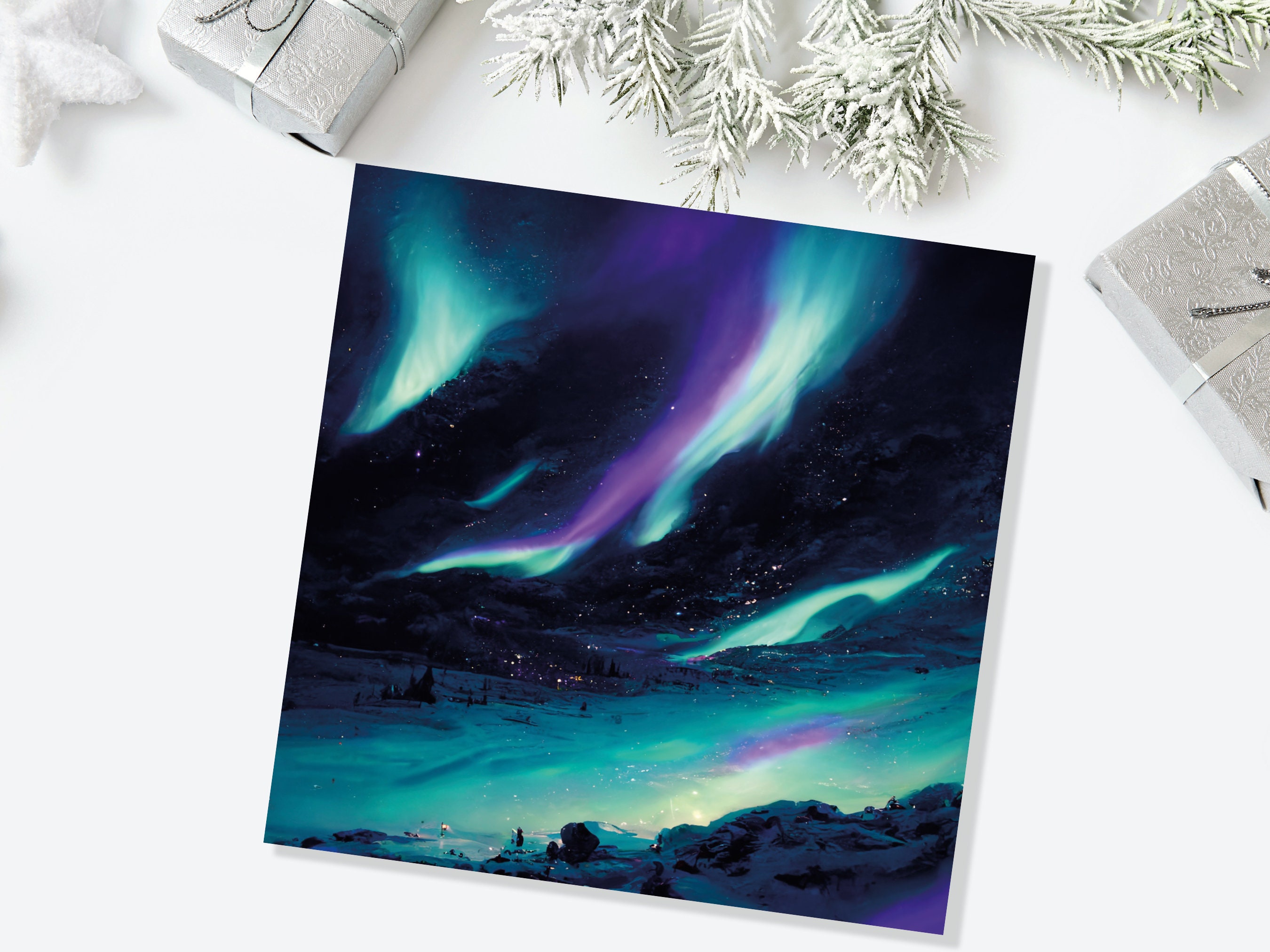 Polar Lights Card Aurora Borealis Glowing Ski Slopes Snowy Scenery Glittering Snow Northern Sky Cards For Family Friends Xmas 2024 Thank You - View 6