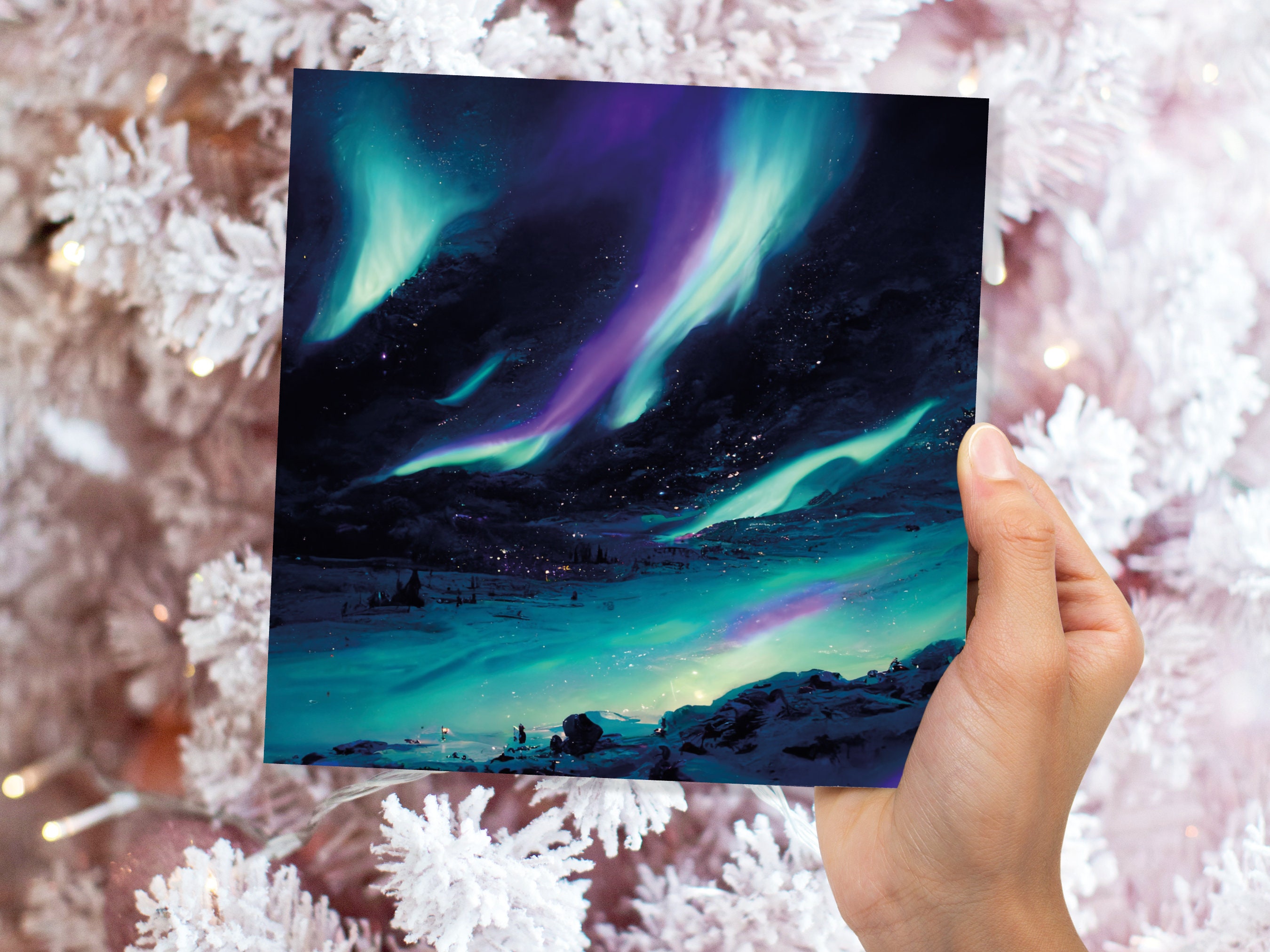 Polar Lights Card Aurora Borealis Glowing Ski Slopes Snowy Scenery Glittering Snow Northern Sky Cards For Family Friends Xmas 2024 Thank You - View 7