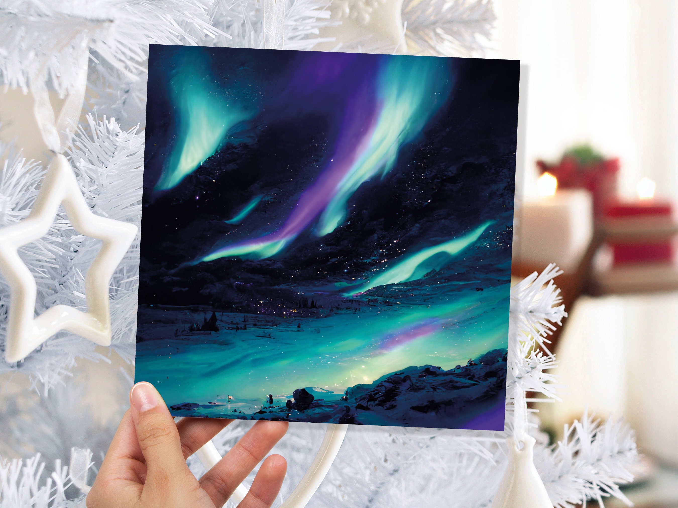 Polar Lights Card Aurora Borealis Glowing Ski Slopes Snowy Scenery Glittering Snow Northern Sky Cards For Family Friends Xmas 2024 Thank You - View 8