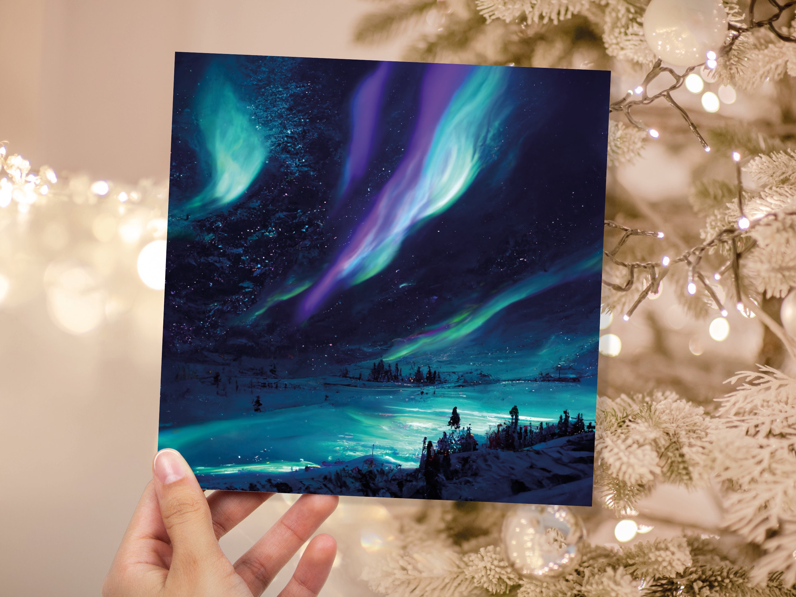 Magical Landscape Card Aurora Borealis Glowing Icy Northern Lights Glistening Snow Scene Galaxy Cards For Family Friends Christmas Thank You - View 3