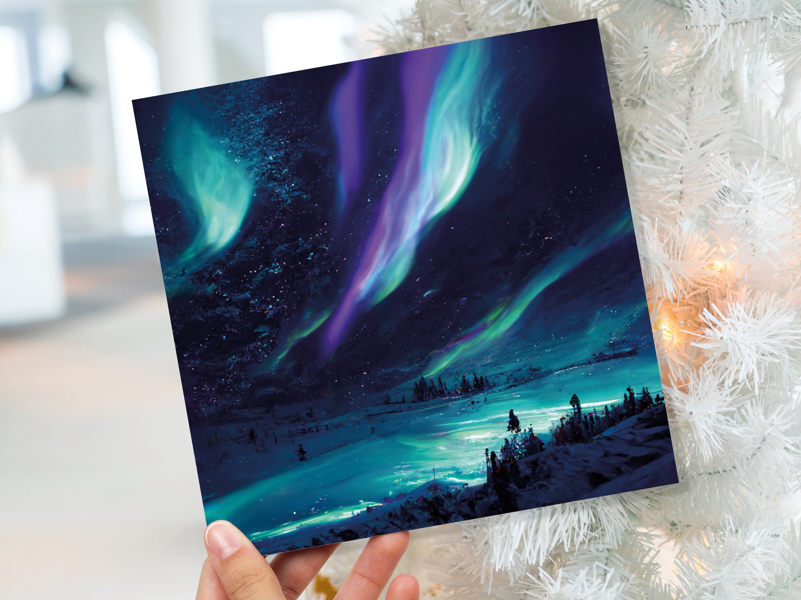 Magical Landscape Card Aurora Borealis Glowing Icy Northern Lights Glistening Snow Scene Galaxy Cards For Family Friends Christmas Thank You